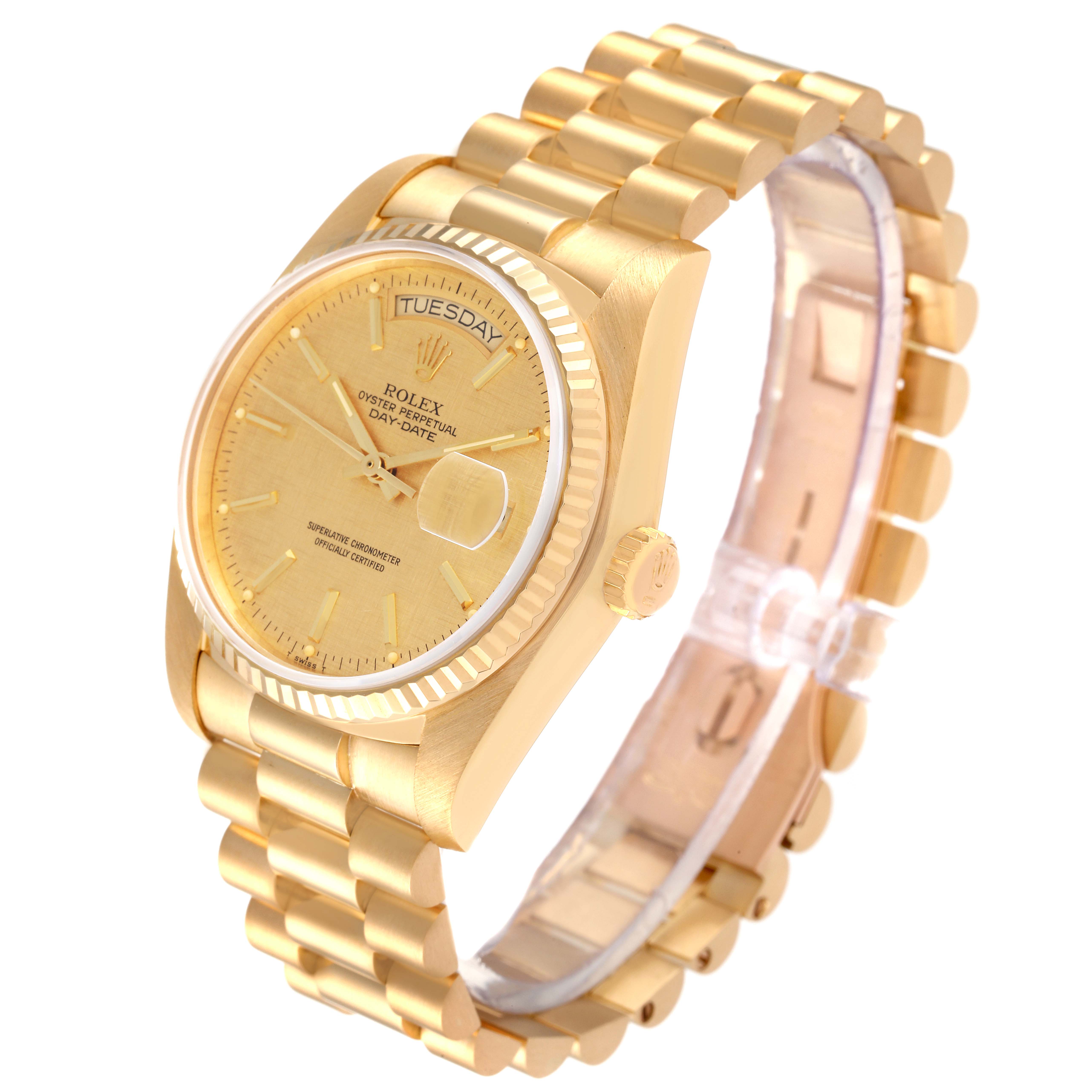 This image shows a Rolex President 18038 Men's Steel and Gold (two tone) Champagne Dial 18038 Men's Steel and Gold (two tone) Champagne Dial model watch, featuring the face, bezel, crown, and bracelet at a slight side angle.