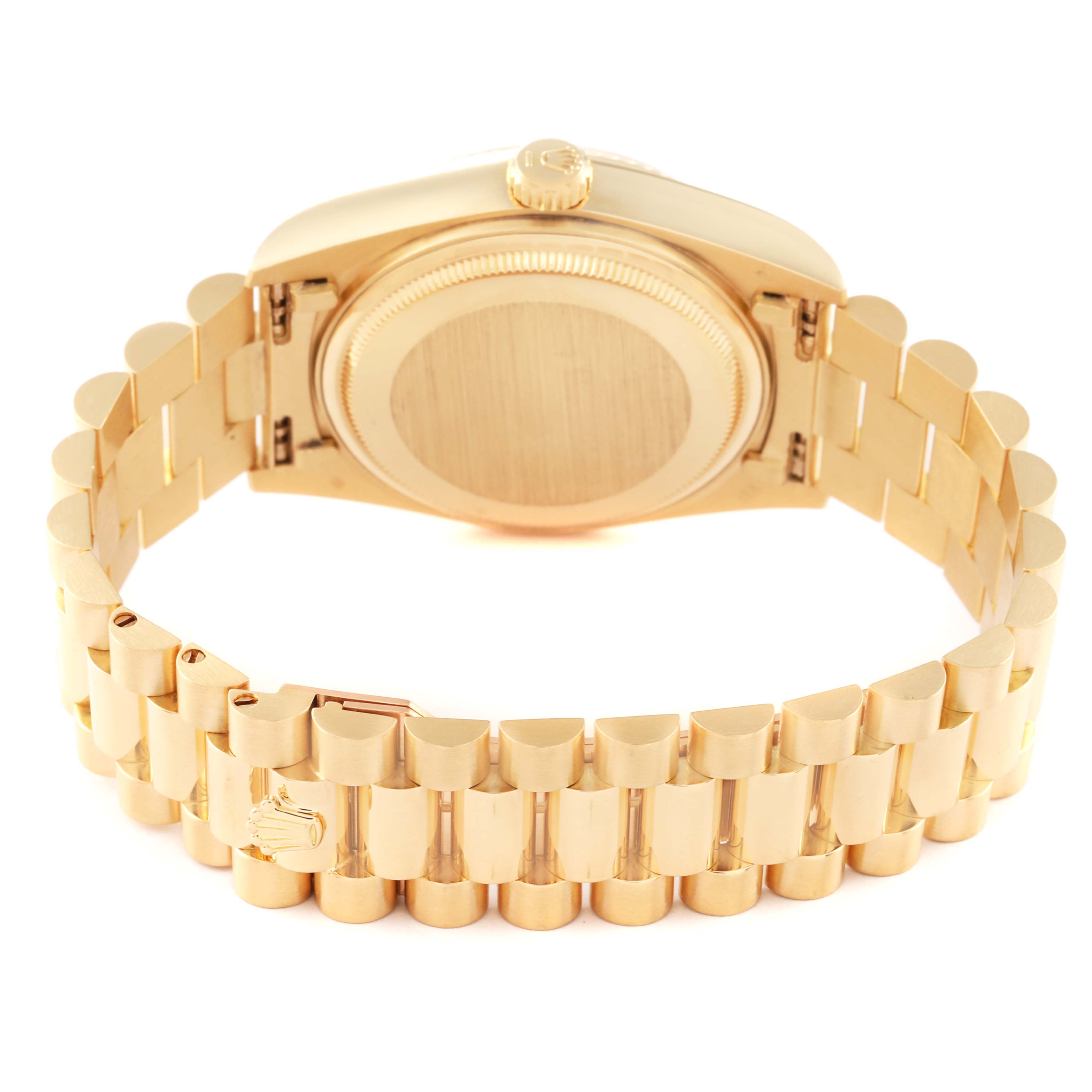 The image shows the back and bracelet of a gold Rolex President 18038 Men's Steel and Gold (two tone) Champagne Dial 18038 Men's Steel and Gold (two tone) Champagne Dial model watch from a rear angle.