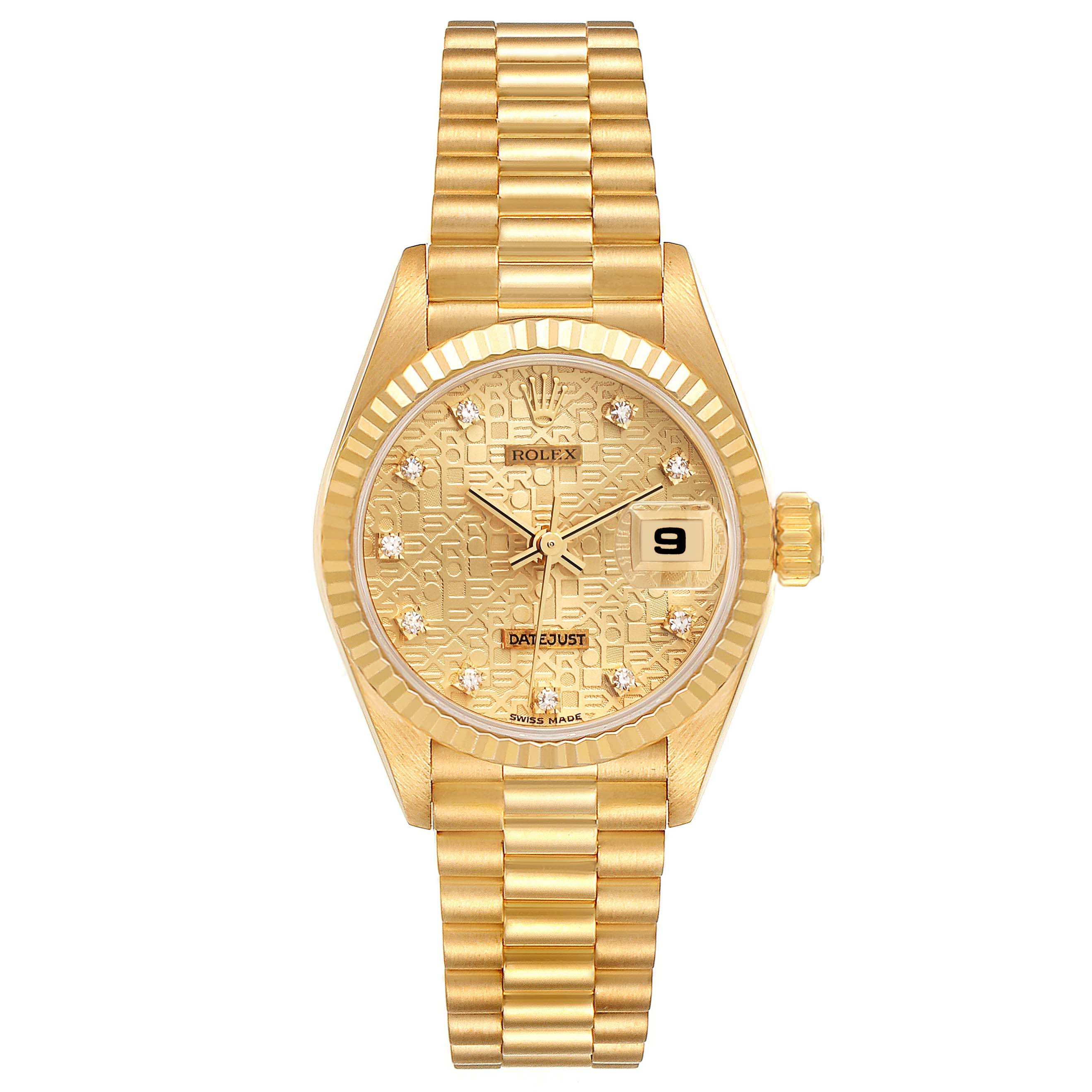 This is a front view of a Rolex President 69178 Women
s Yellow Gold Champagne Dial 69178 Women
s Yellow Gold Champagne Dial model watch, showing the gold bracelet, dial, bezel, hands, and date window.
