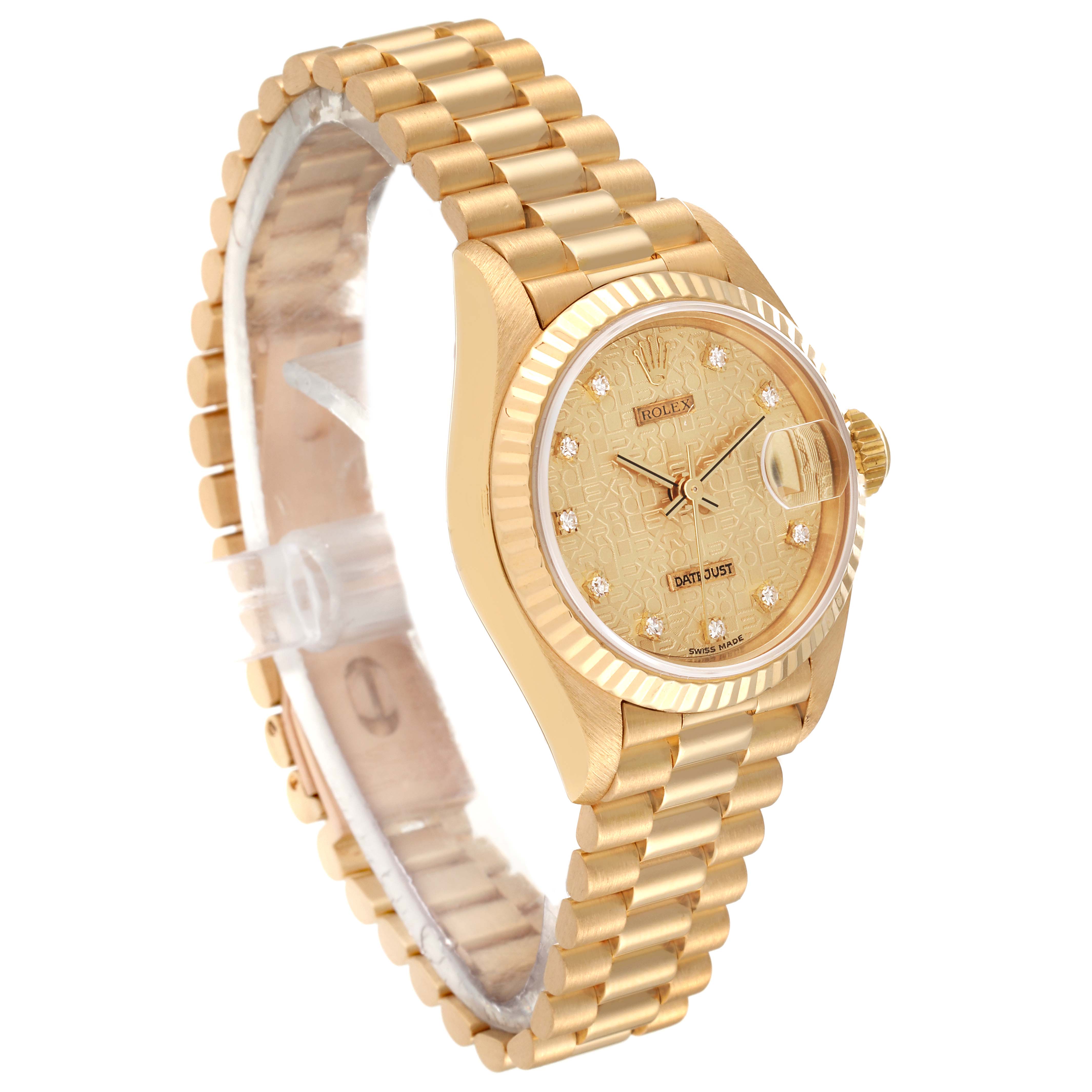The image shows a side and front angle view of a Rolex President 69178 Women
s Yellow Gold Champagne Dial 69178 Women
s Yellow Gold Champagne Dial model watch, highlighting its gold bracelet and dial.