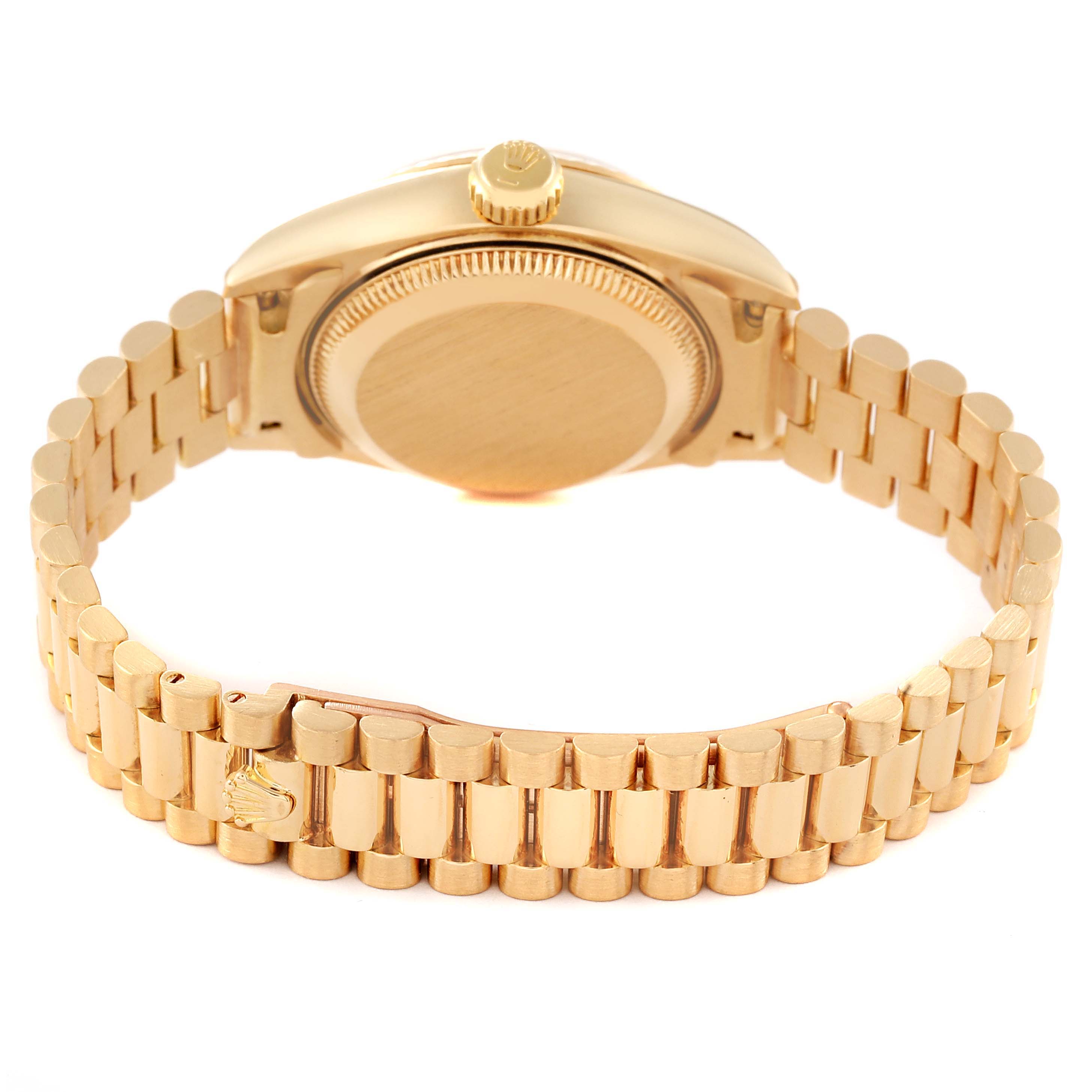 This image shows the back view of a gold Rolex President 69178 Women
s Yellow Gold Champagne Dial 69178 Women
s Yellow Gold Champagne Dial model watch, focusing on the case back, crown, and bracelet.