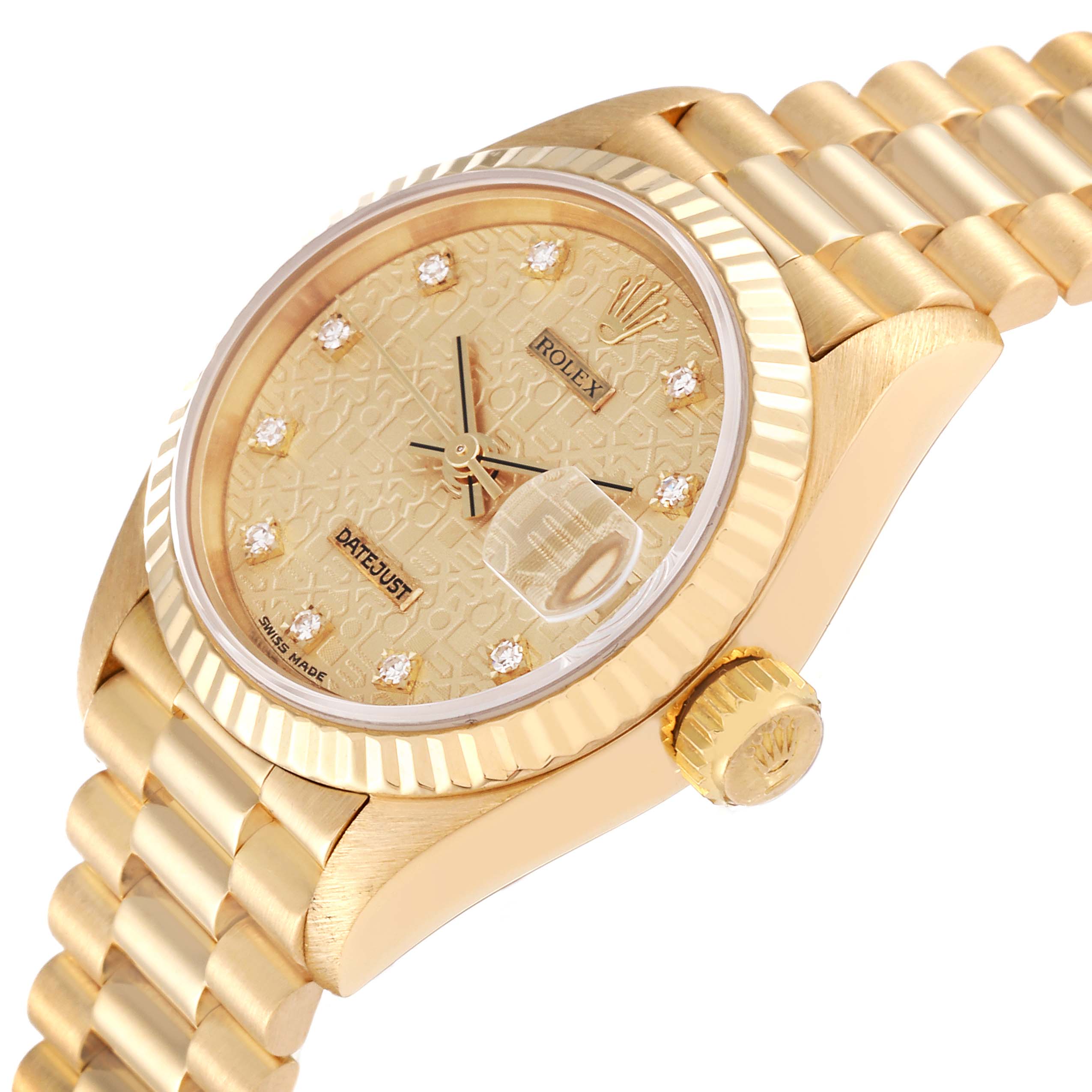 The image shows an angled view of a Rolex President 69178 Women
s Yellow Gold Champagne Dial 69178 Women
s Yellow Gold Champagne Dial model watch, highlighting the bezel, dial, crown, and part of the bracelet.