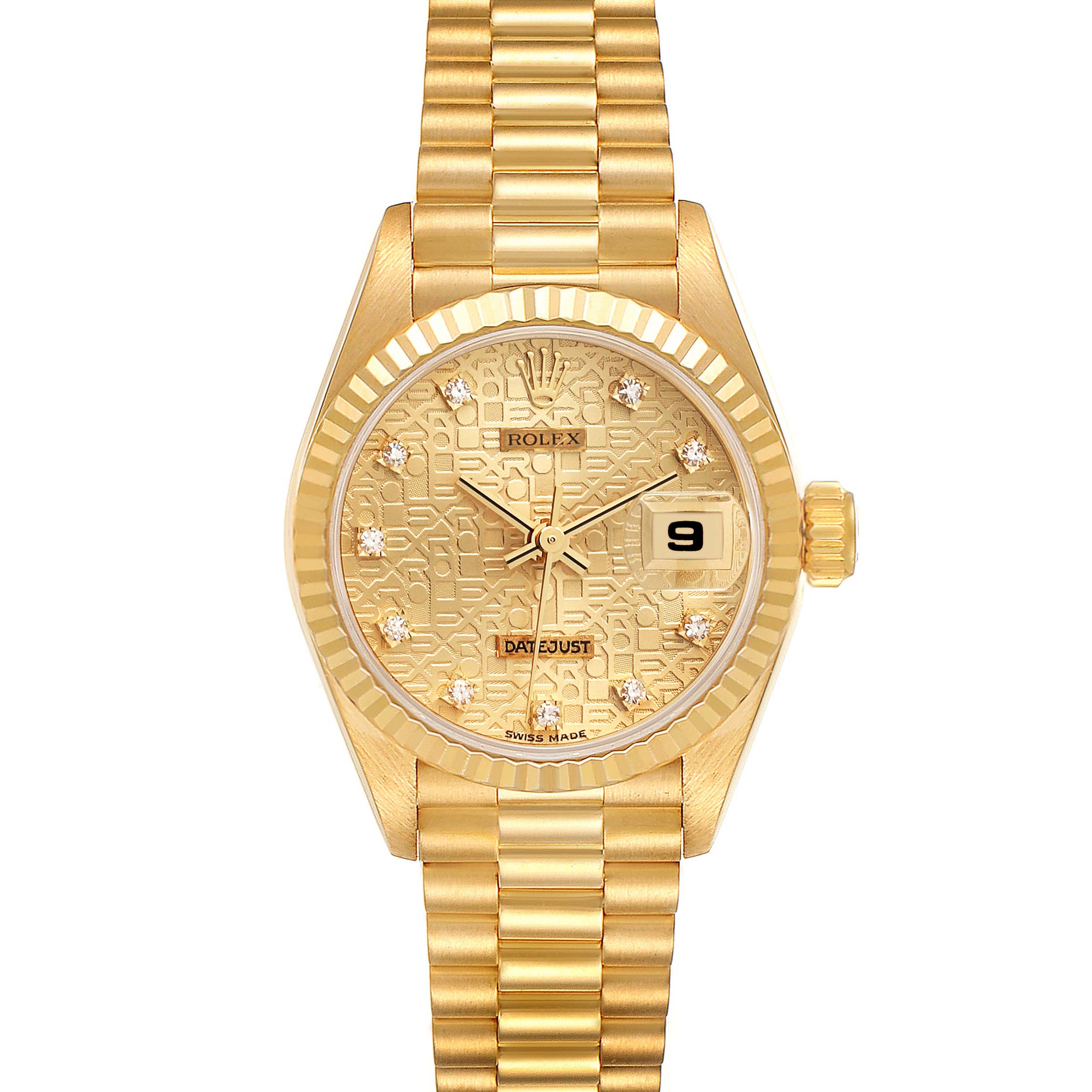 The image shows a front view of a Rolex President 69178 Women
s Yellow Gold Champagne Dial 69178 Women
s Yellow Gold Champagne Dial model watch, featuring the dial, bezel, and bracelet.