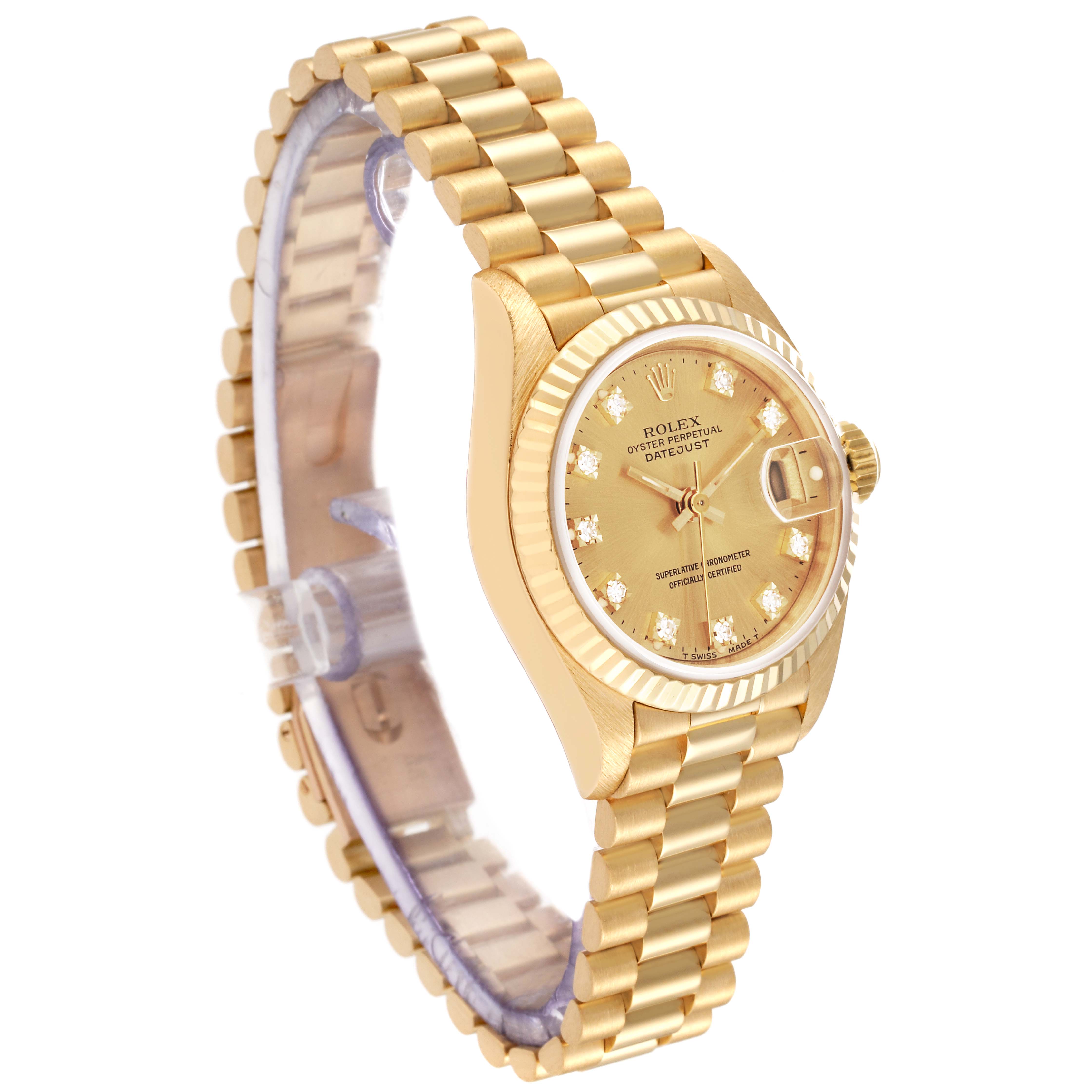 This Rolex President 69178 Women
s Yellow Gold Champagne Dial 69178 Women
s Yellow Gold Champagne Dial model watch is shown at an angle highlighting the dial, bezel, and bracelet.