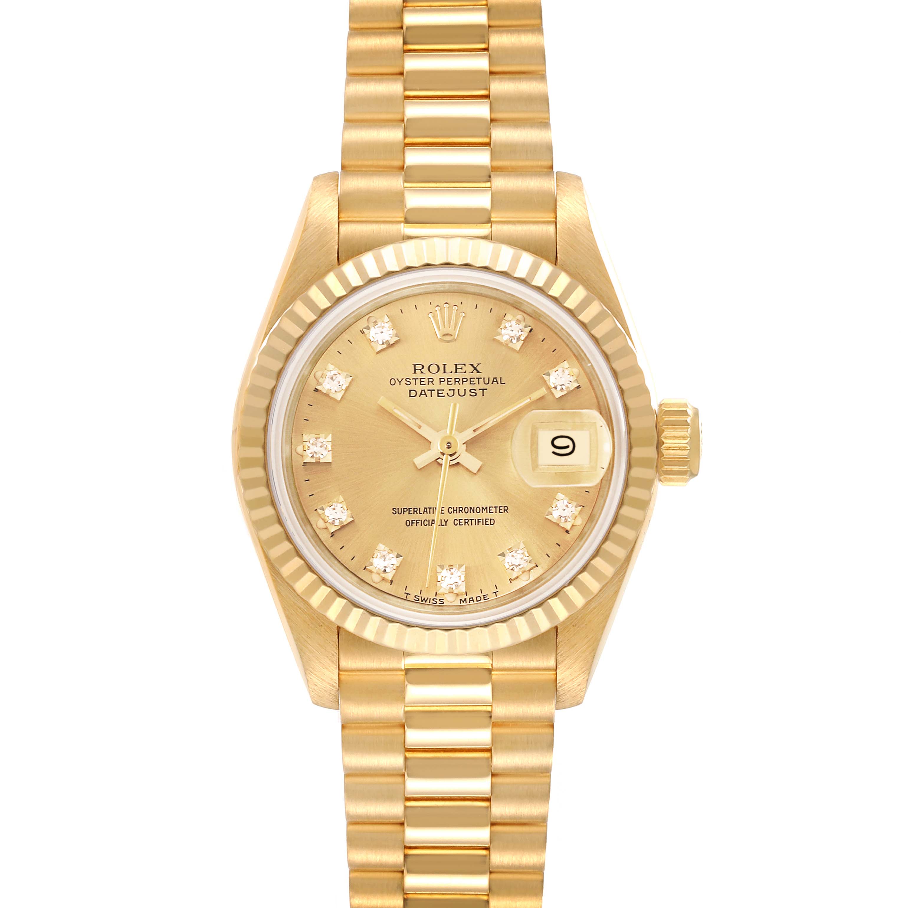 The image shows a Rolex President 69178 Women
s Yellow Gold Champagne Dial 69178 Women
s Yellow Gold Champagne Dial model watch, featuring its gold bracelet, dial, fluted bezel, and date window at the 3 o
clock position.