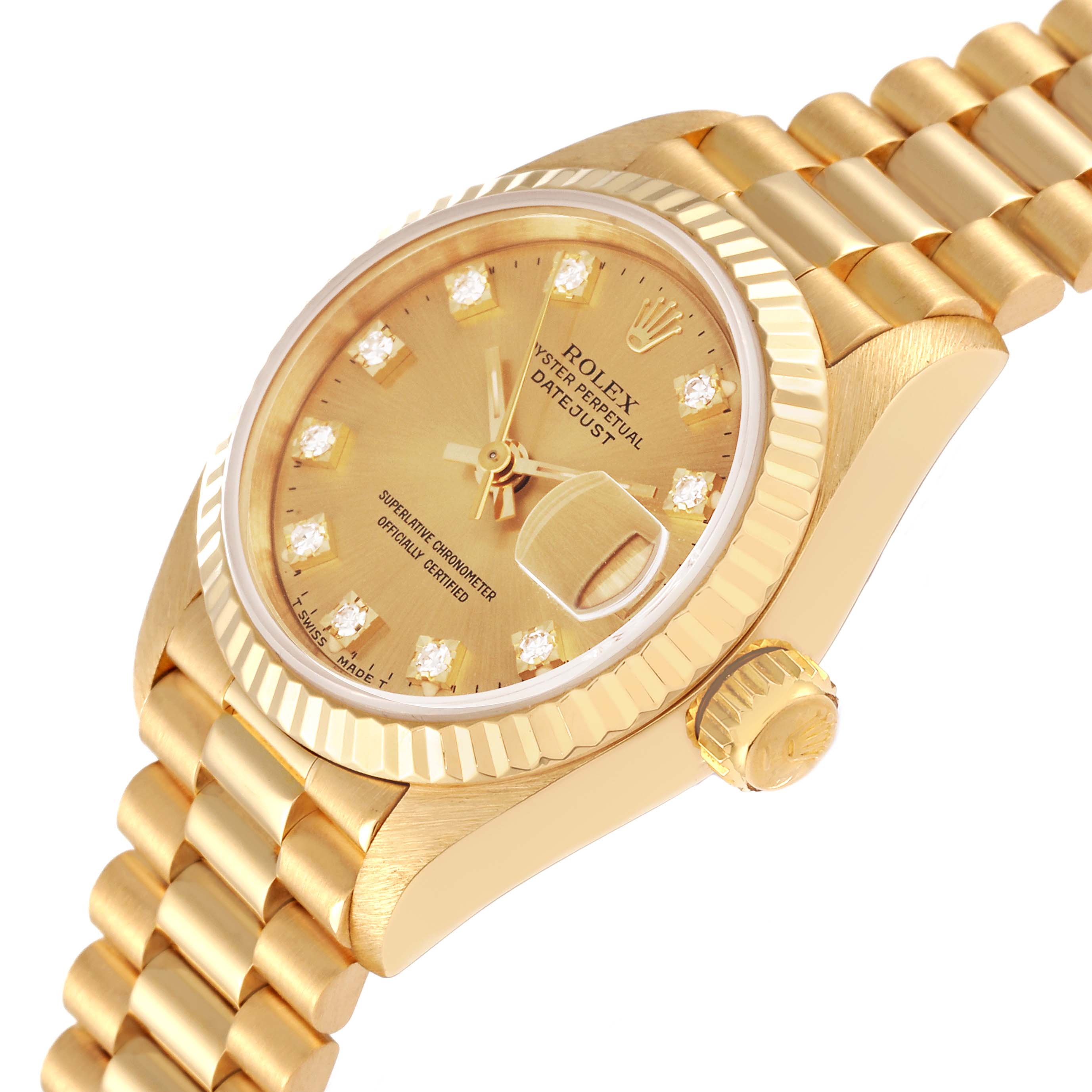 The image shows a close-up, angled view of a Rolex President 69178 Women
s Yellow Gold Champagne Dial 69178 Women
s Yellow Gold Champagne Dial watch, featuring its gold dial, diamond markers, fluted bezel, and part of the bracelet.