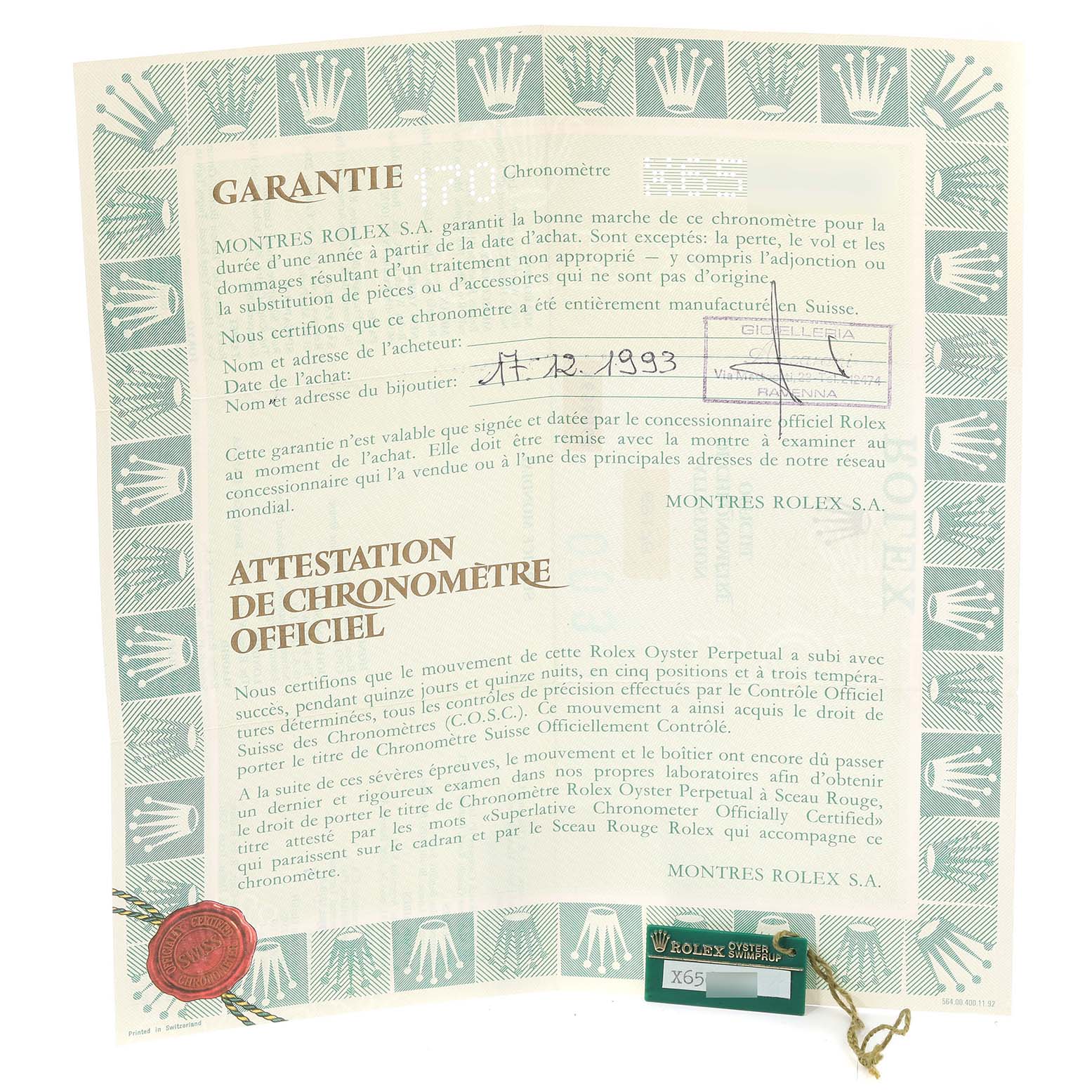 The image shows a guarantee certificate for the Rolex President 69178 Women
s Yellow Gold Champagne Dial 69178 Women
s Yellow Gold Champagne Dial model watch, displayed flat with clear printed details and a seal.