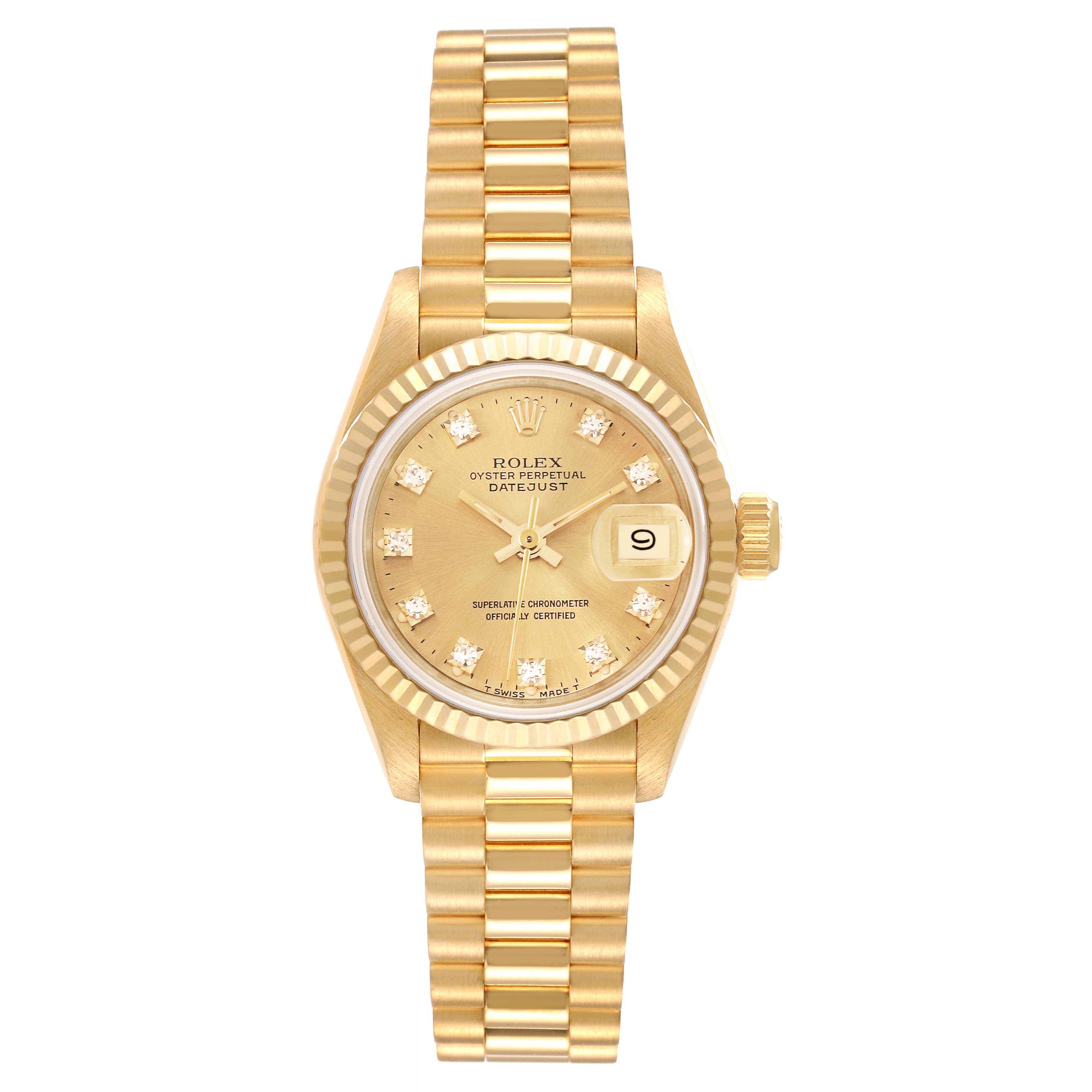 This image shows a front view of a Rolex President 69178 Women
s Yellow Gold Champagne Dial 69178 Women
s Yellow Gold Champagne Dial model watch, featuring the dial, bracelet, and date display.