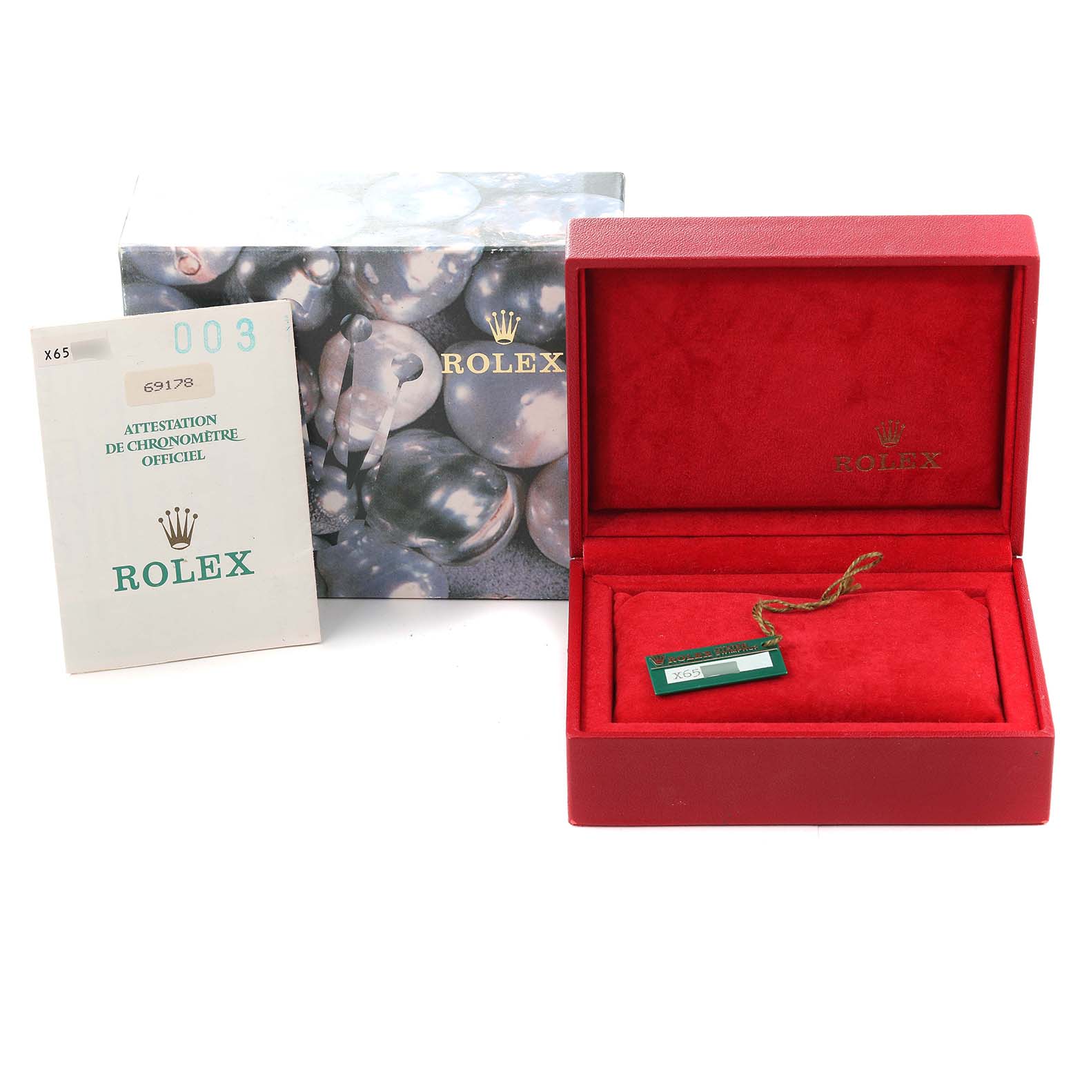 The image shows the box, certification, and case of a Rolex President 69178 Women
s Yellow Gold Champagne Dial 69178 Women
s Yellow Gold Champagne Dial model watch.