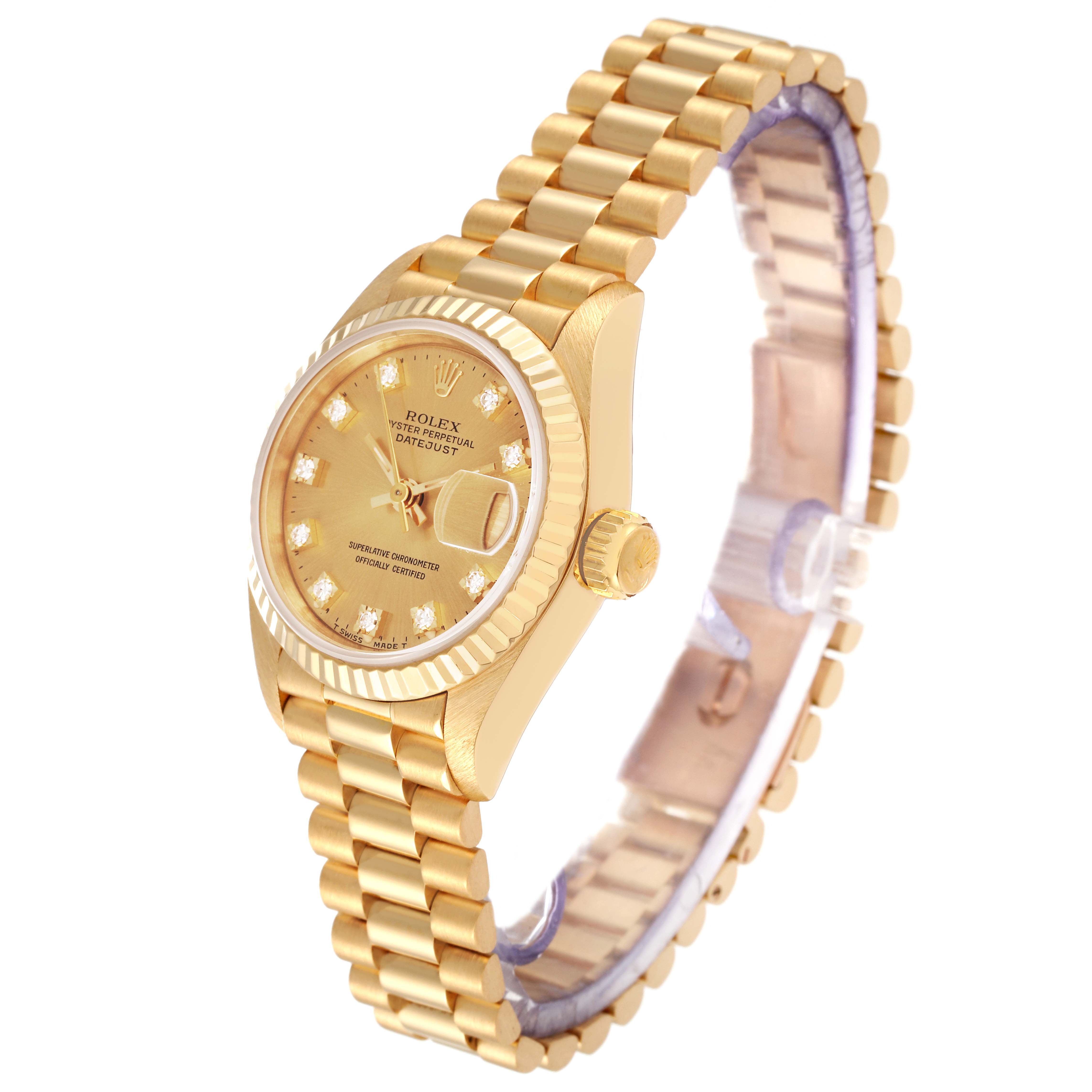 The image shows a Rolex President 69178 Women
s Yellow Gold Champagne Dial 69178 Women
s Yellow Gold Champagne Dial model watch from a front-side angle, highlighting the dial, bezel, crown, and the gold bracelet.