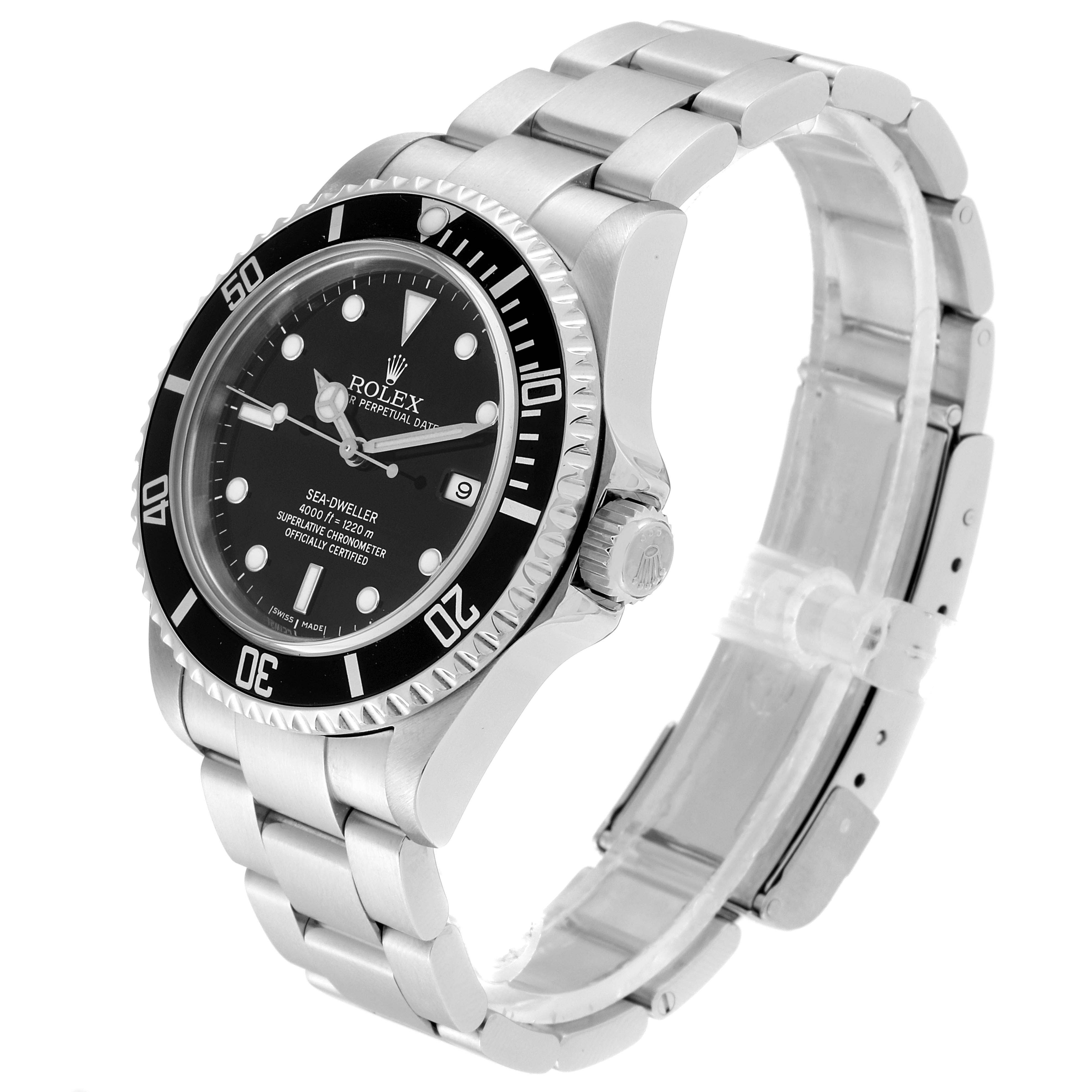 The Rolex Sea-Dweller 16600 Men
s Stainless Steel Black Dial 16600 Men
s Stainless Steel Black Dial watch is shown from an angled side view displaying the bezel, dial, crown, and bracelet.