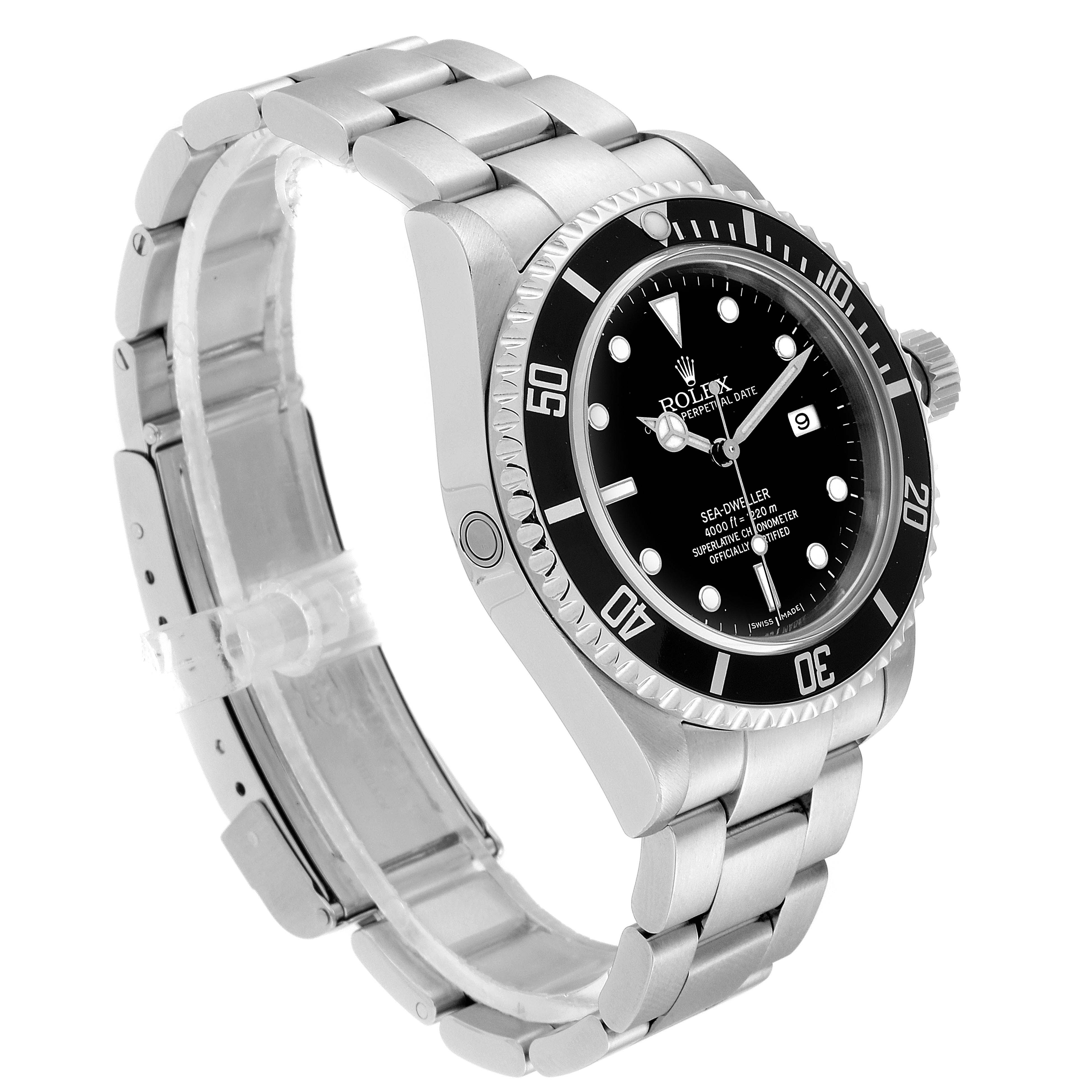 The Rolex Sea-Dweller 16600 Men
s Stainless Steel Black Dial 16600 Men
s Stainless Steel Black Dial watch is shown at a slight angle, showcasing the bezel, dial, and bracelet.