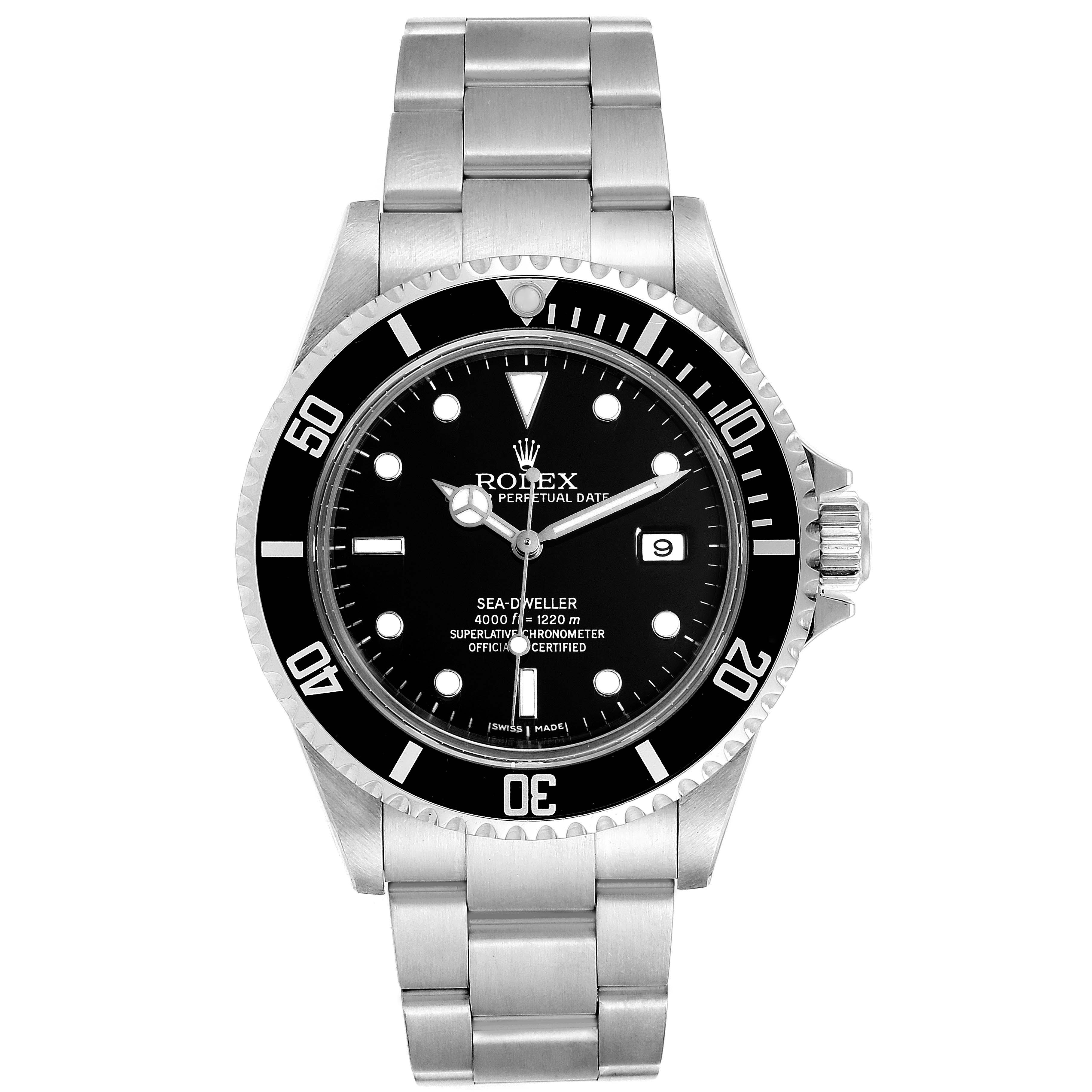 The image shows a front view of a Rolex Sea-Dweller 16600 Men
s Stainless Steel Black Dial 16600 Men
s Stainless Steel Black Dial watch, displaying its dial, bezel, crown, and metal bracelet.