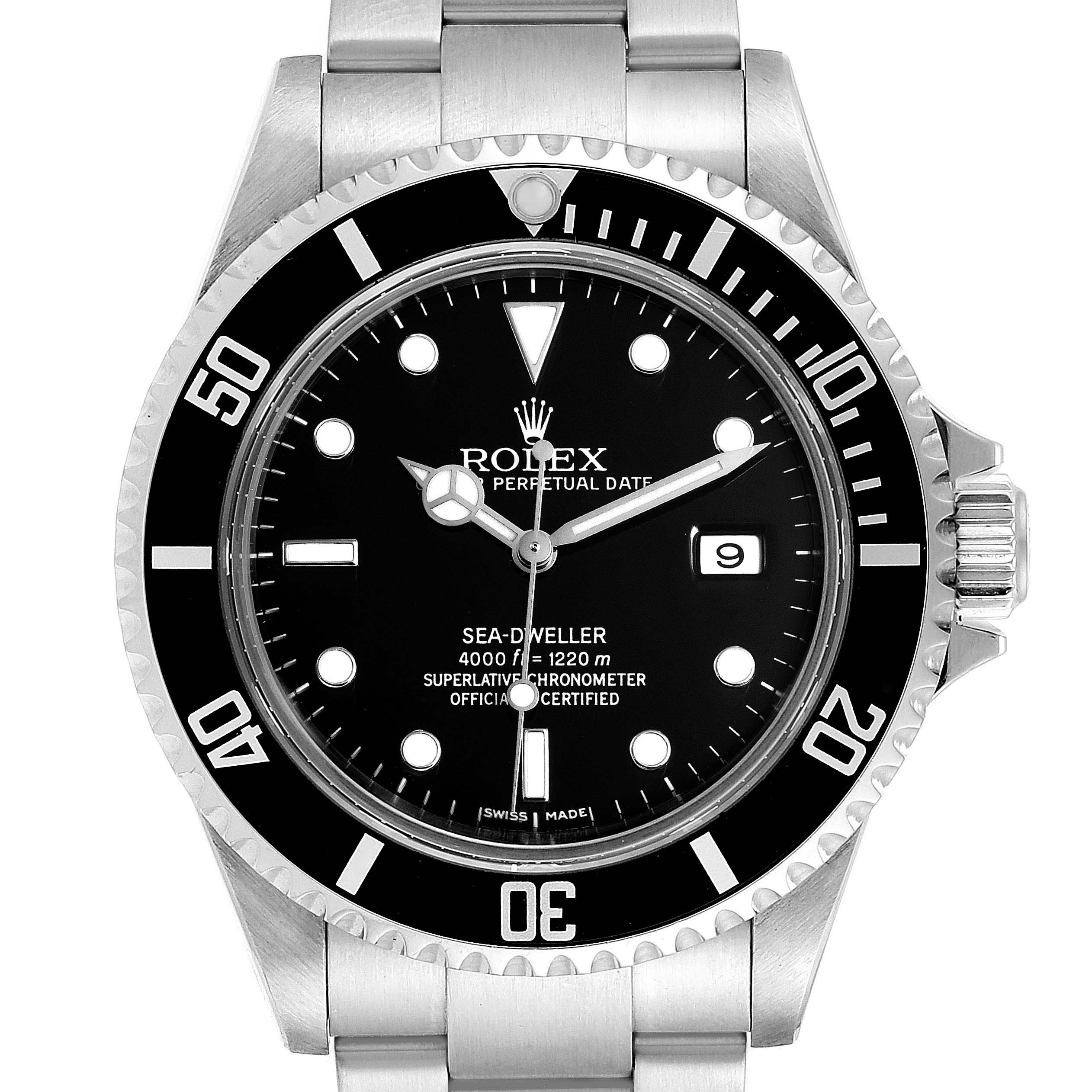 This image shows a frontal view of the Rolex Sea-Dweller 16600 Men
s Stainless Steel Black Dial 16600 Men
s Stainless Steel Black Dial watch, clearly displaying its dial, bezel, bracelet, and crown.