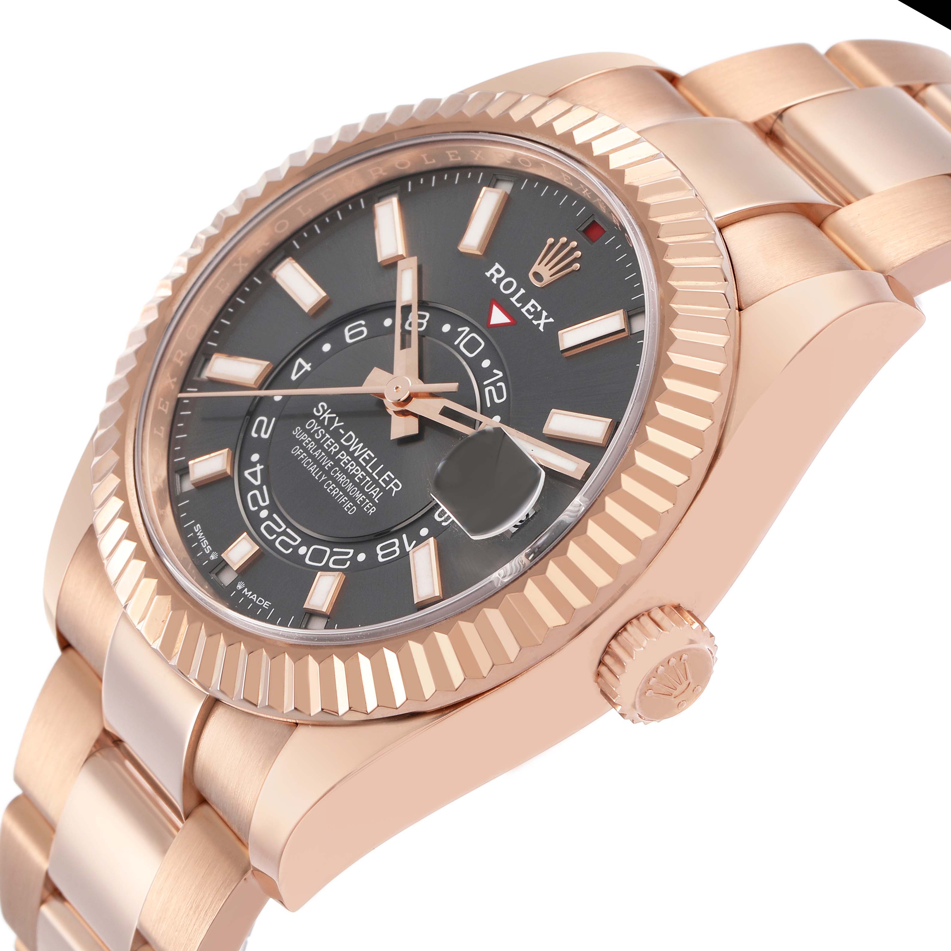 The Rolex Sky-Dweller 326935 Men's Rose Gold Grey Dial watch is shown at a tilted side view, highlighting the bezel, crown, and part of the bracelet.