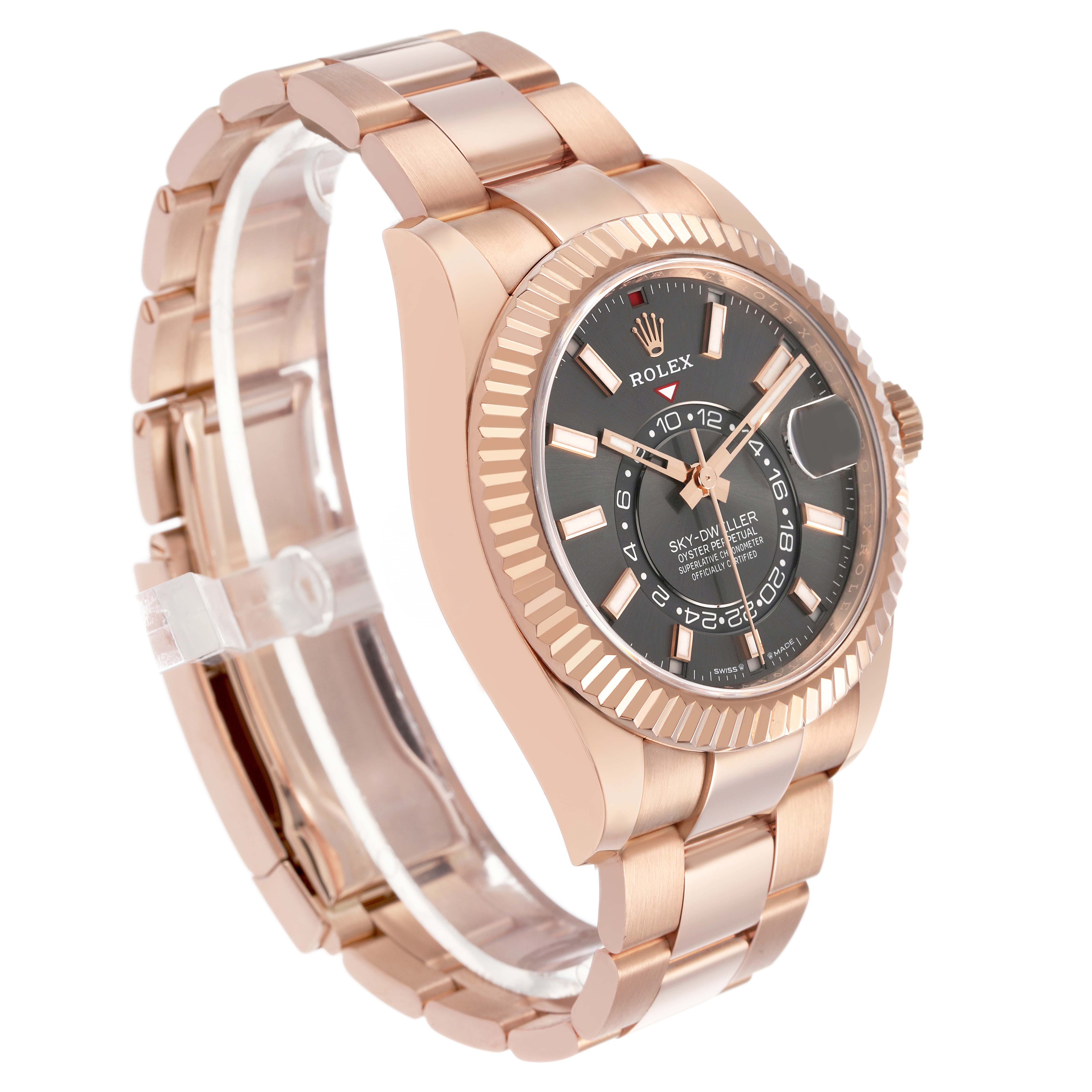 The Rolex Sky-Dweller 326935 Men's Rose Gold Grey Dial watch is shown at a three-quarter angle, highlighting its dial, bezel, and bracelet.