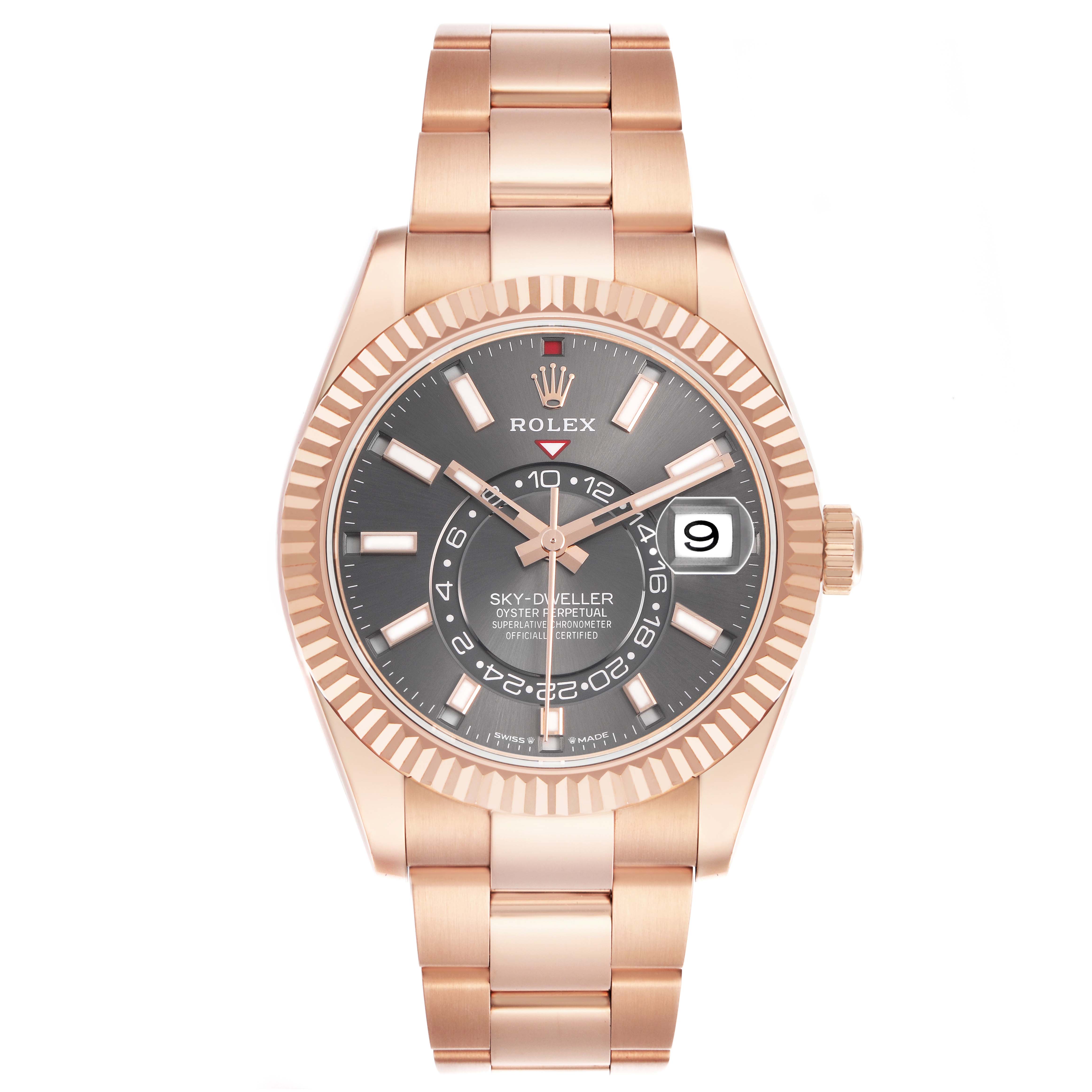 The Rolex Sky-Dweller 326935 Men's Rose Gold Grey Dial watch is shown from a front angle, displaying its dial, fluted bezel, and bracelet.