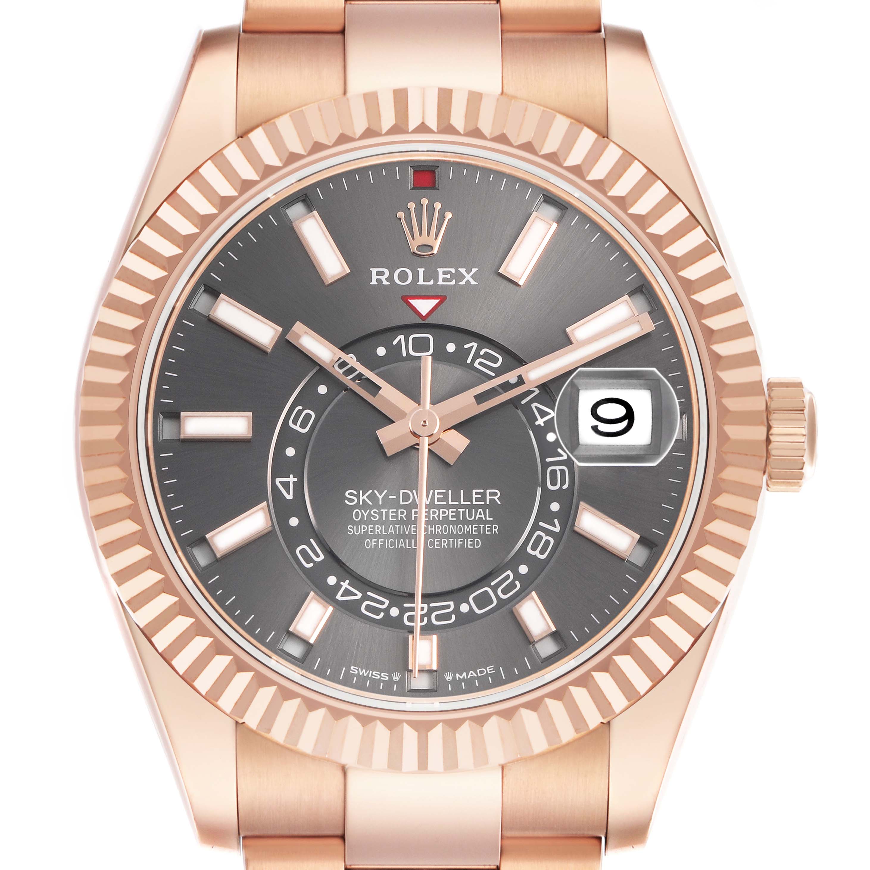 The Rolex Sky-Dweller 326935 Men's Rose Gold Grey Dial watch is shown from a frontal angle, highlighting the dial, bezel, and crown.