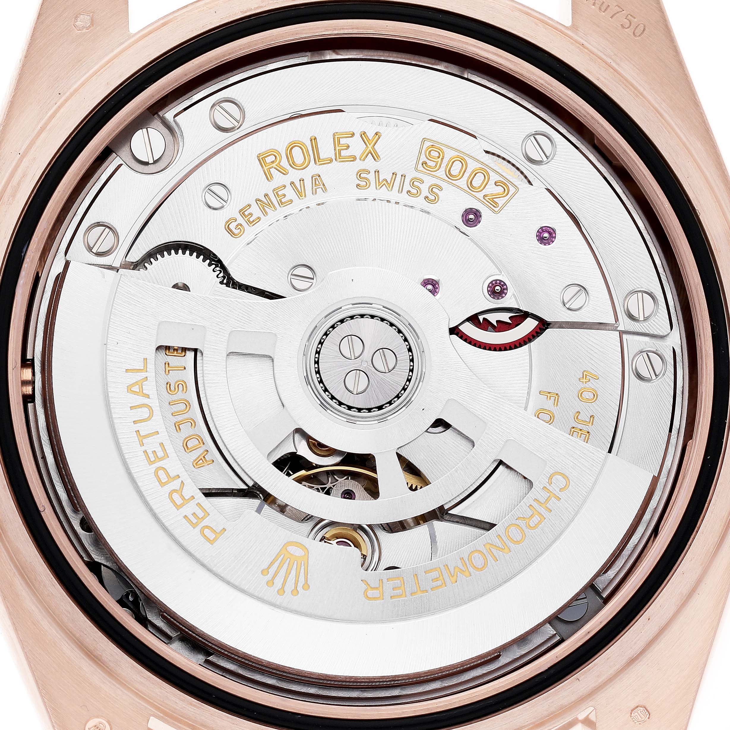 The image shows the movement of a Rolex Sky-Dweller 326935 Men's Rose Gold Grey Dial, highlighting its intricate mechanical parts from a rear angle.