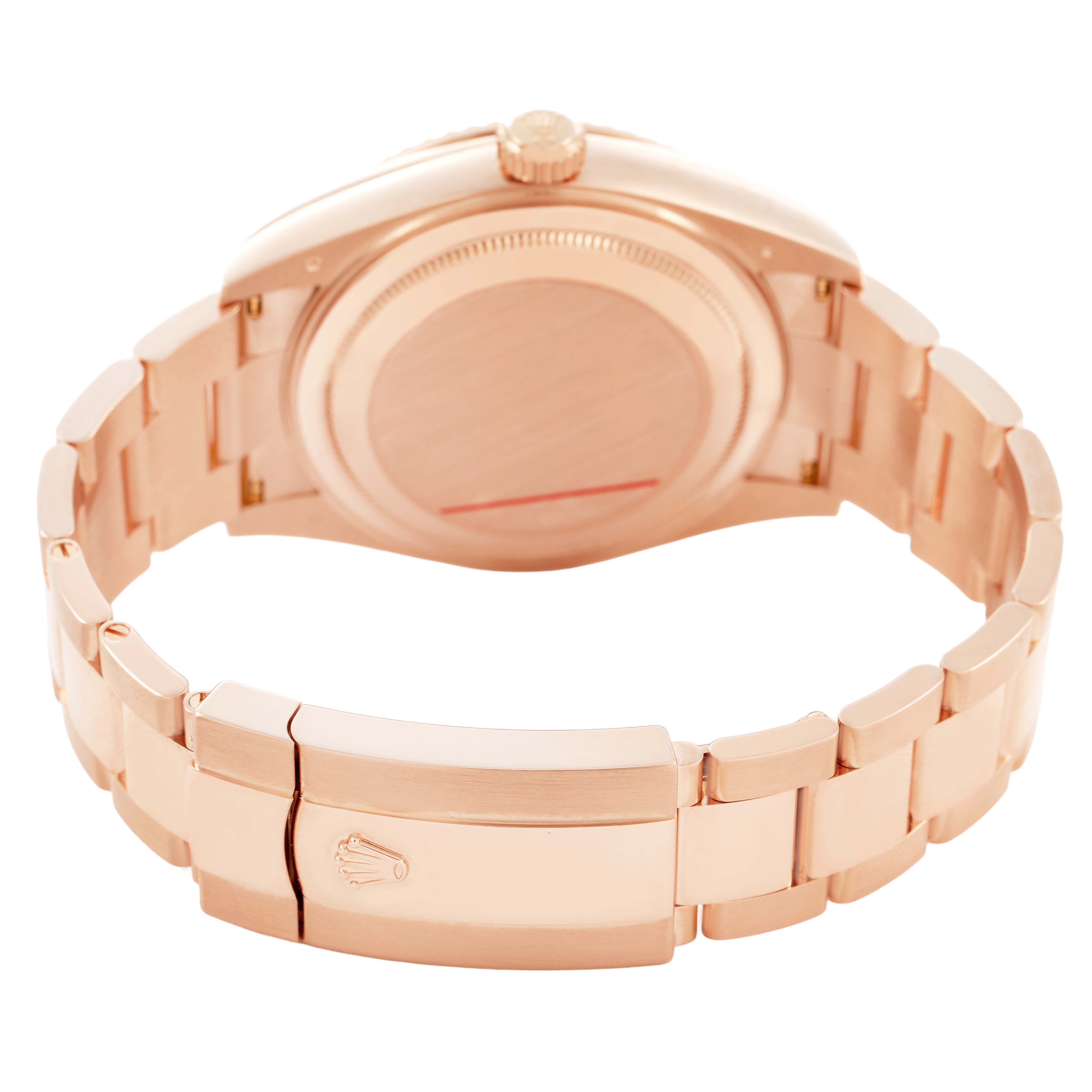 The image shows the back view of a Rolex Sky-Dweller 326935 Men's Rose Gold Grey Dial, highlighting the bracelet and clasp.