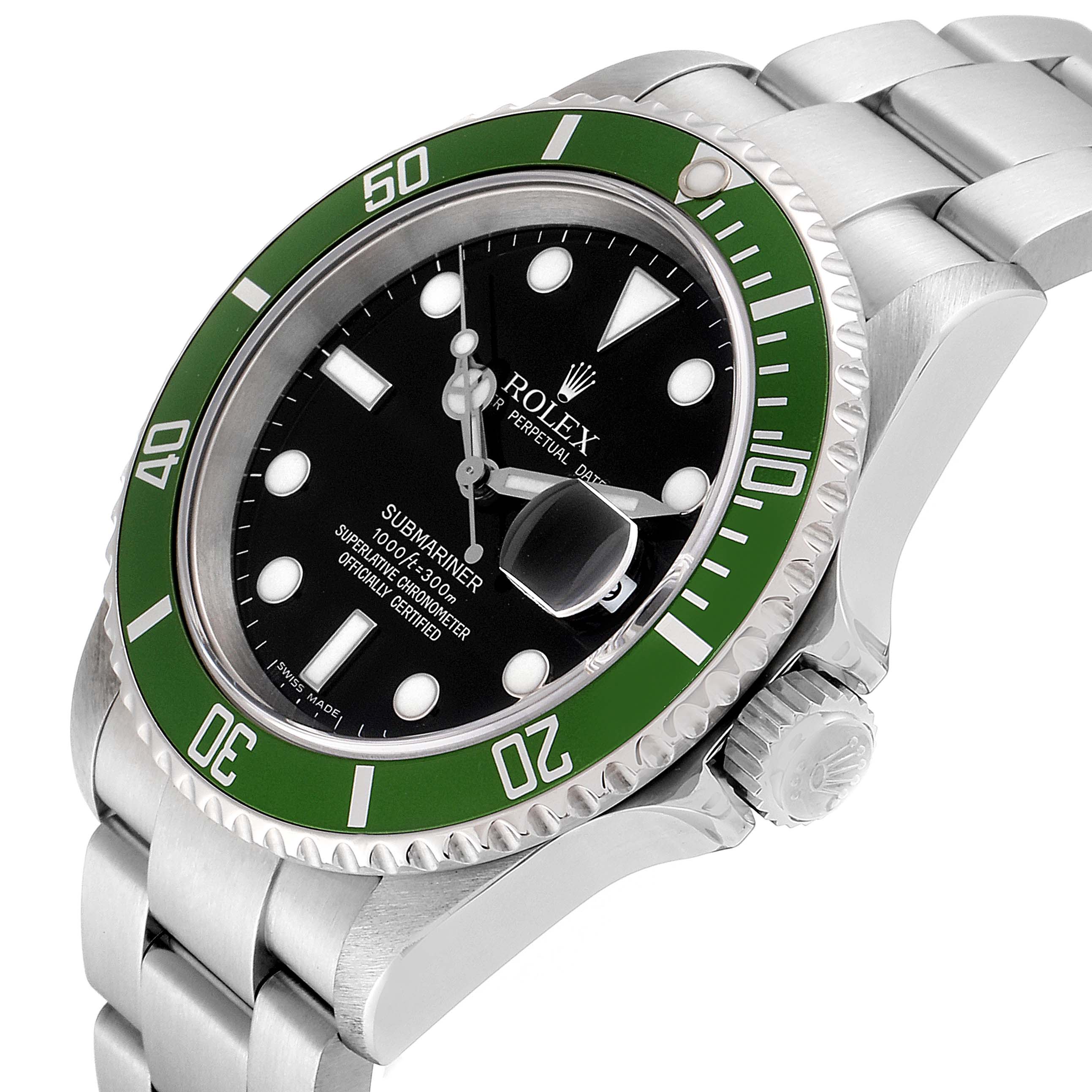 The image shows a close-up of the Rolex Submariner 16610LV Men
s Stainless Steel Black Dial 16610LV Men
s Stainless Steel Black Dial watch, highlighting its green bezel, black dial, crown, and part of the bracelet.
