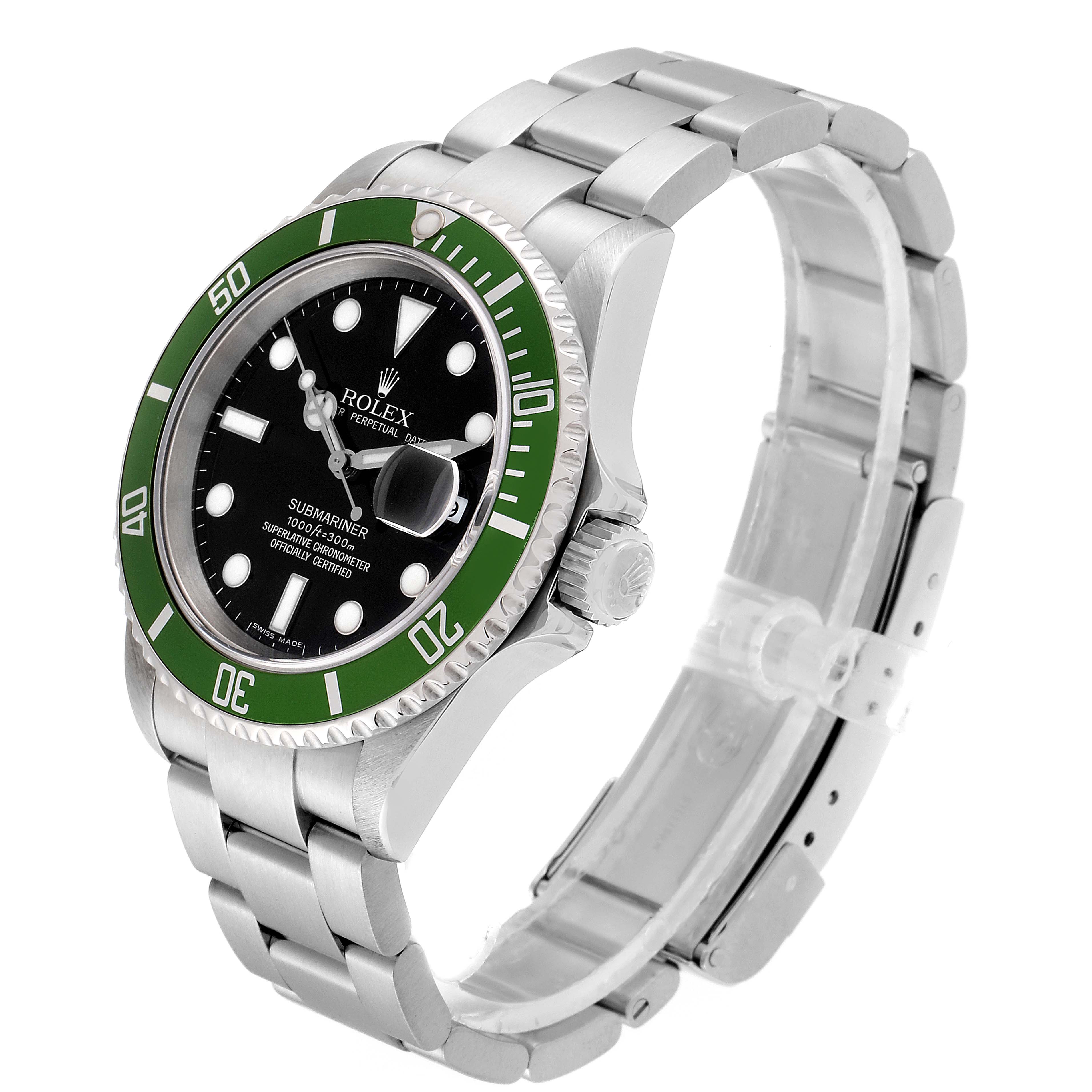 The image shows a Rolex Submariner 16610LV Men
s Stainless Steel Black Dial 16610LV Men
s Stainless Steel Black Dial model watch at a three-quarter angle, highlighting its green bezel, black dial, and stainless steel bracelet.