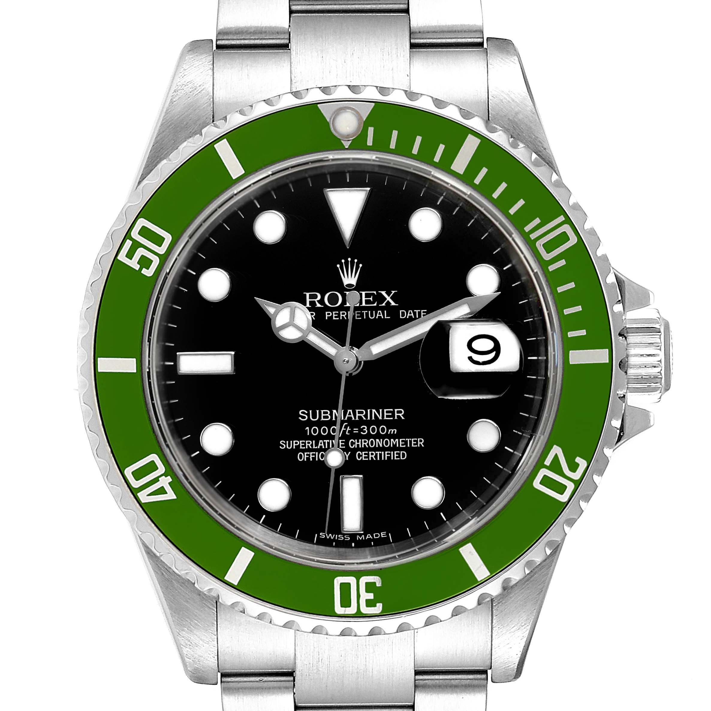 This image shows a front view of a Rolex Submariner 16610LV Men
s Stainless Steel Black Dial 16610LV Men
s Stainless Steel Black Dial watch, highlighting the dial, bezel, bracelet, and crown.