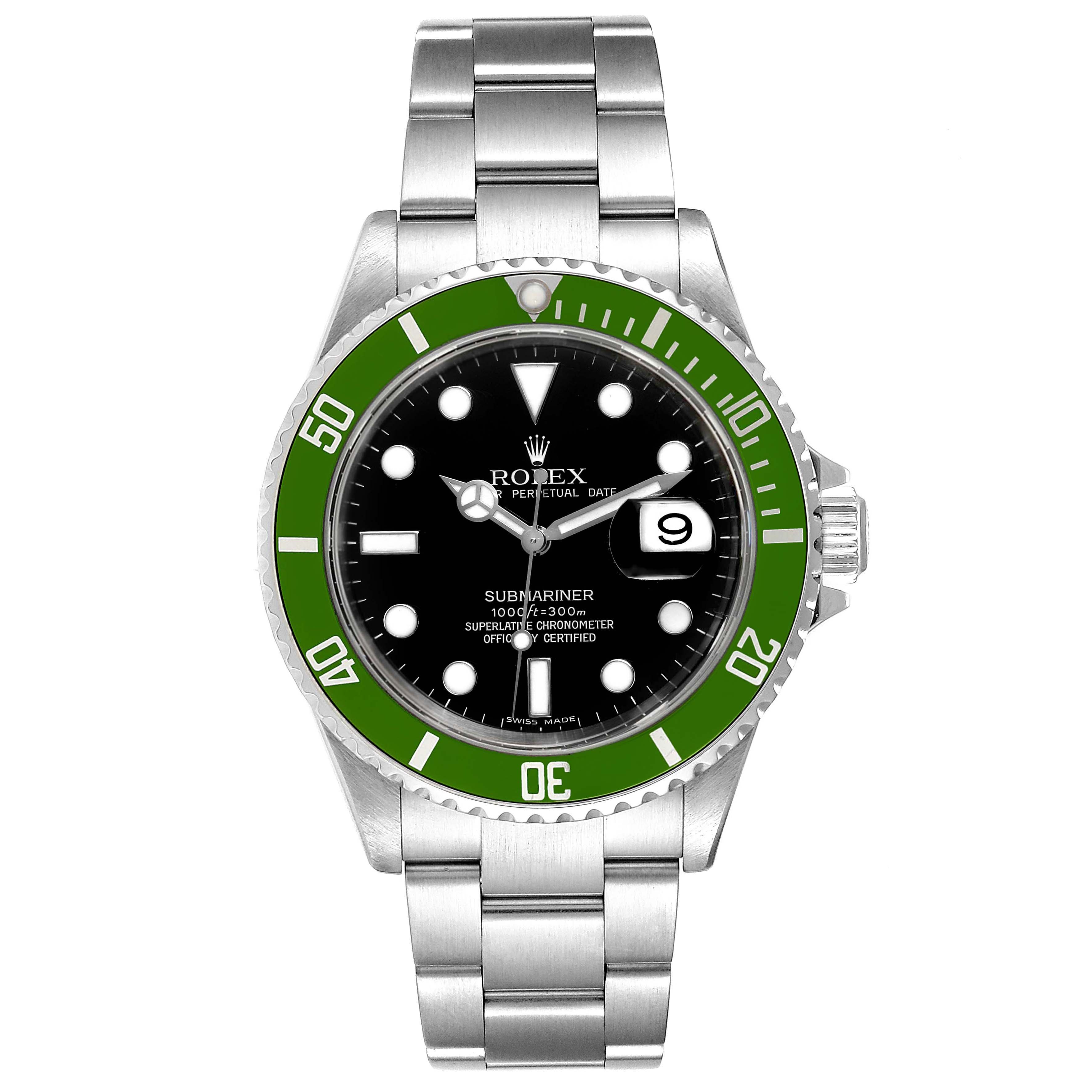 The image shows a Rolex Submariner 16610LV Men
s Stainless Steel Black Dial 16610LV Men
s Stainless Steel Black Dial watch from a front view, highlighting the green bezel, black dial, and stainless steel bracelet.