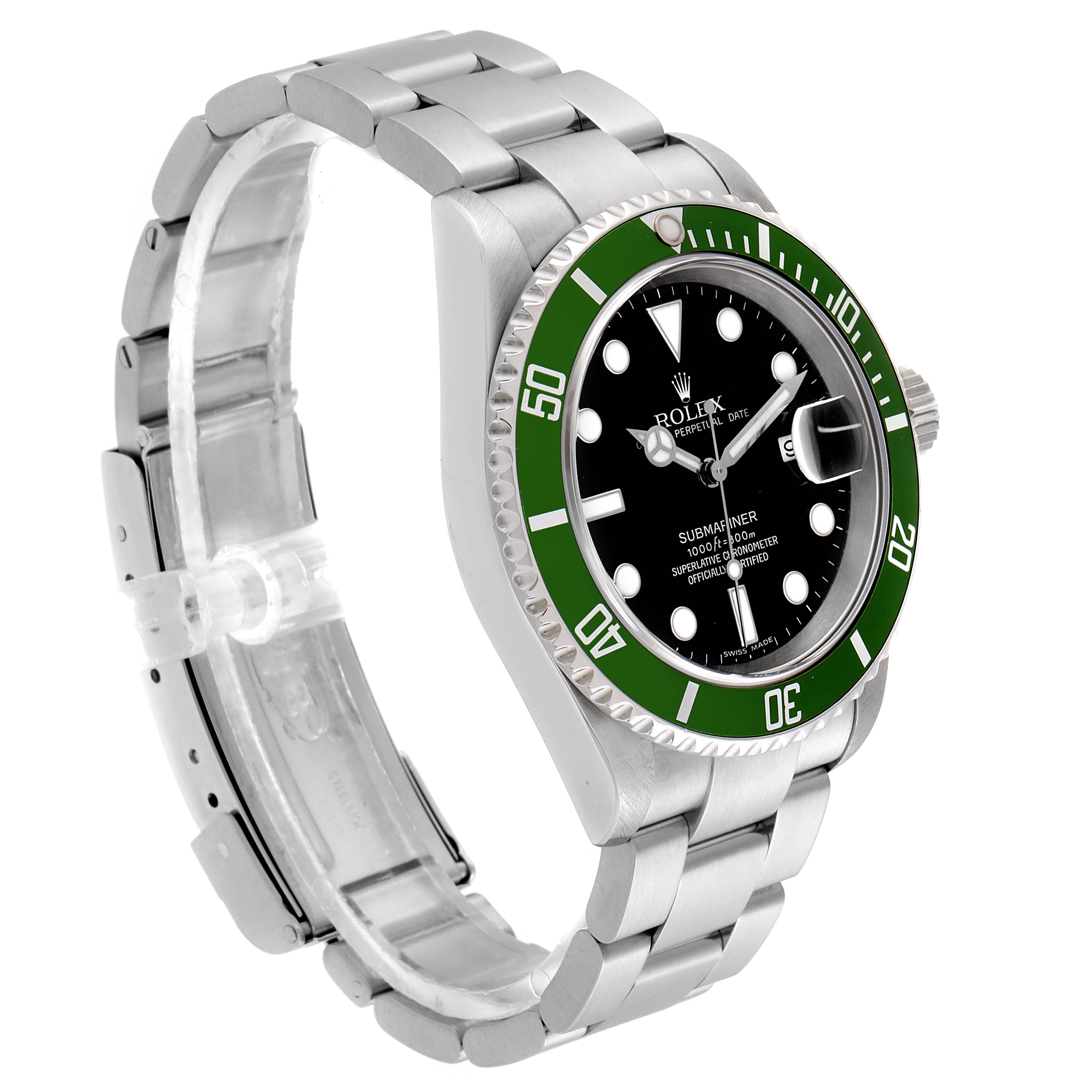 This image shows a Rolex Submariner 16610LV Men
s Stainless Steel Black Dial 16610LV Men
s Stainless Steel Black Dial watch from a three-quarter angle, highlighting the stainless steel bracelet, black dial, and green bezel.