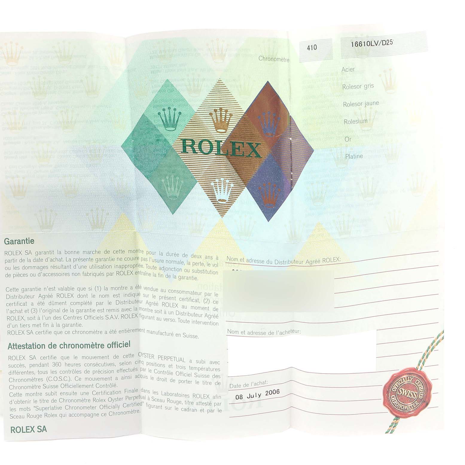 This image shows the certification and warranty paperwork for the Rolex Submariner 16610LV Men
s Stainless Steel Black Dial 16610LV Men
s Stainless Steel Black Dial model.