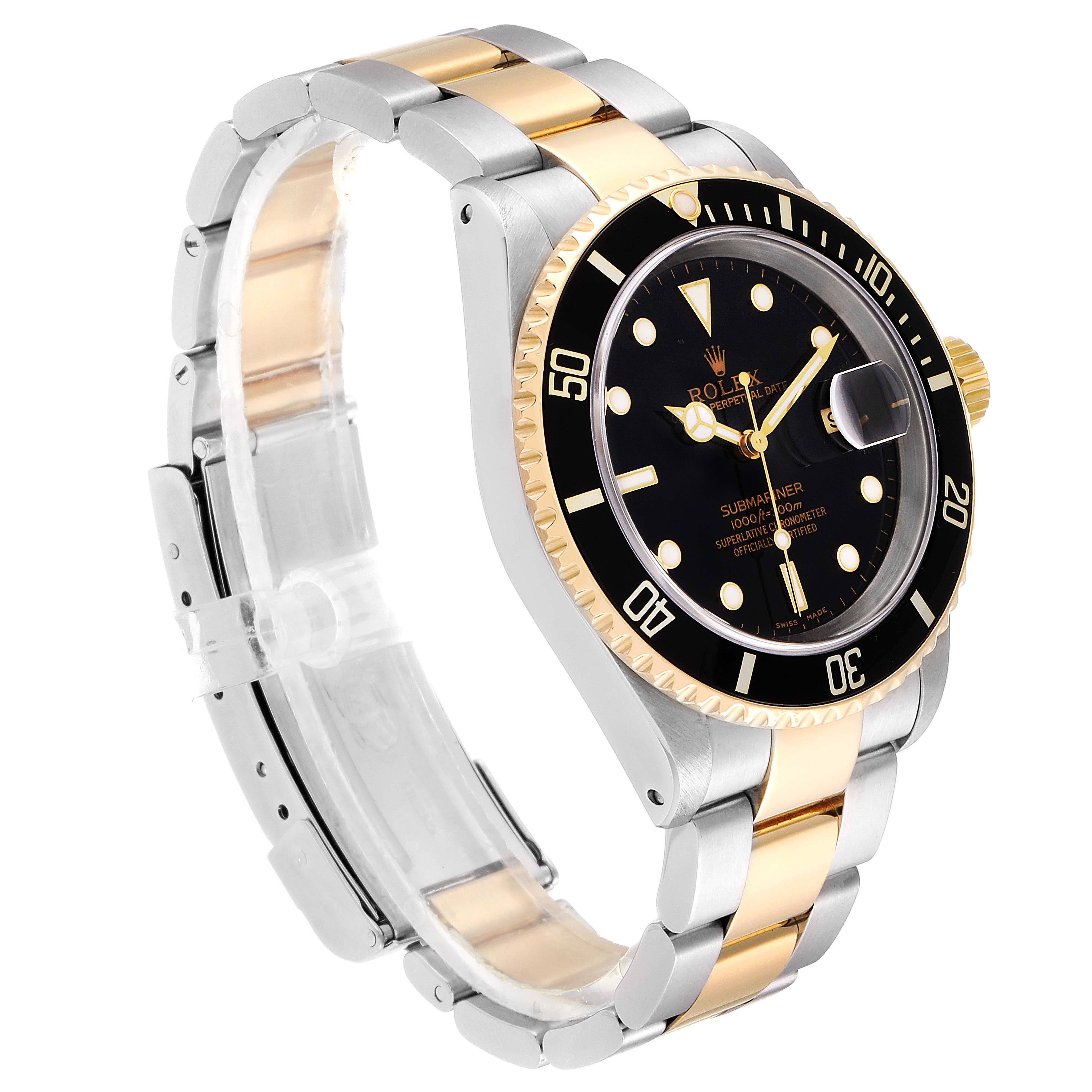 The image shows a Rolex Submariner 16613 Men
s Steel and Gold (two tone) Black Dial 16613 Men
s Steel and Gold (two tone) Black Dial at a three-quarter angle emphasizing the bezel, dial, and two-tone bracelet.
