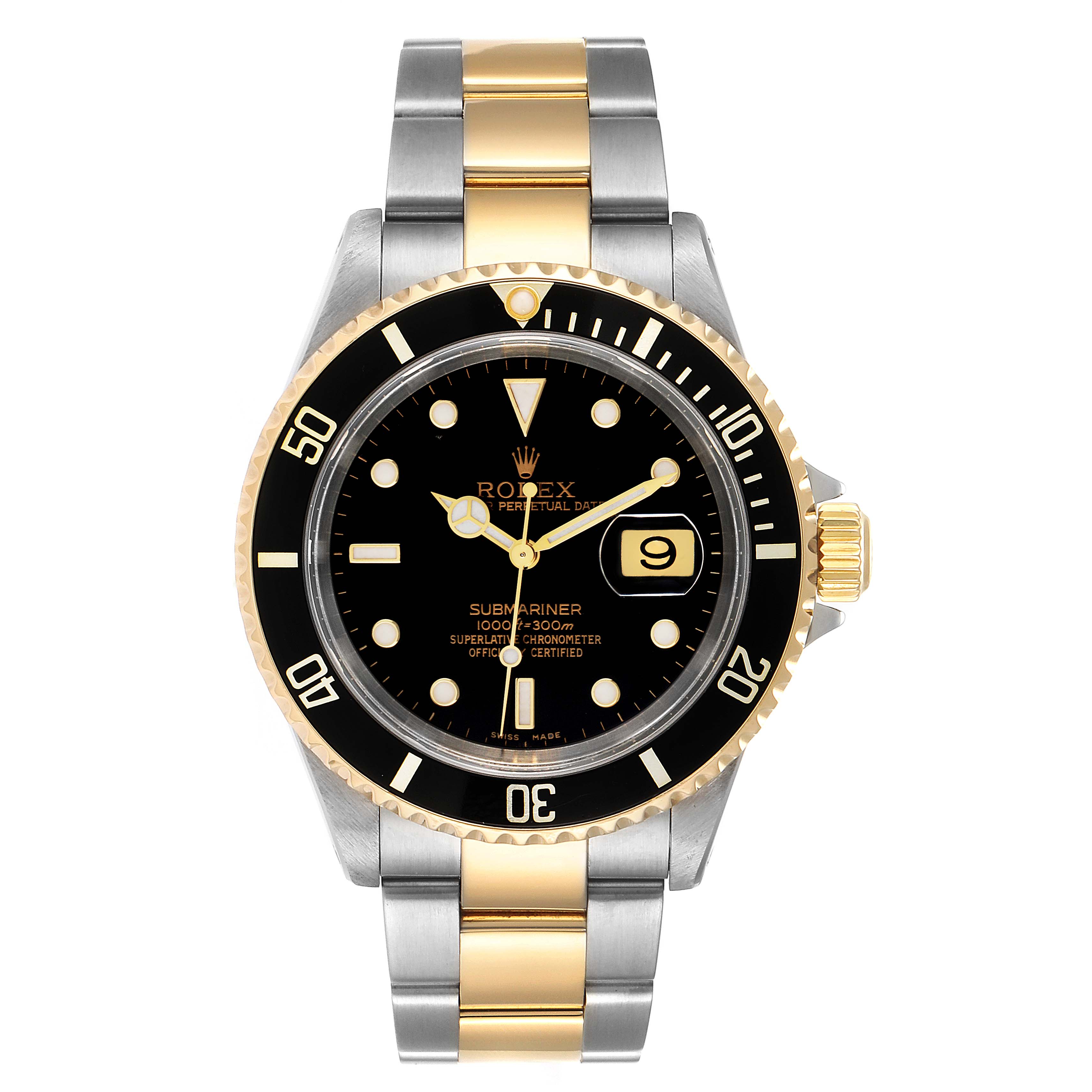 The Rolex Submariner 16613 Men
s Steel and Gold (two tone) Black Dial 16613 Men
s Steel and Gold (two tone) Black Dial watch is shown from the front, displaying its face, bezel, crown, and two-tone bracelet.
