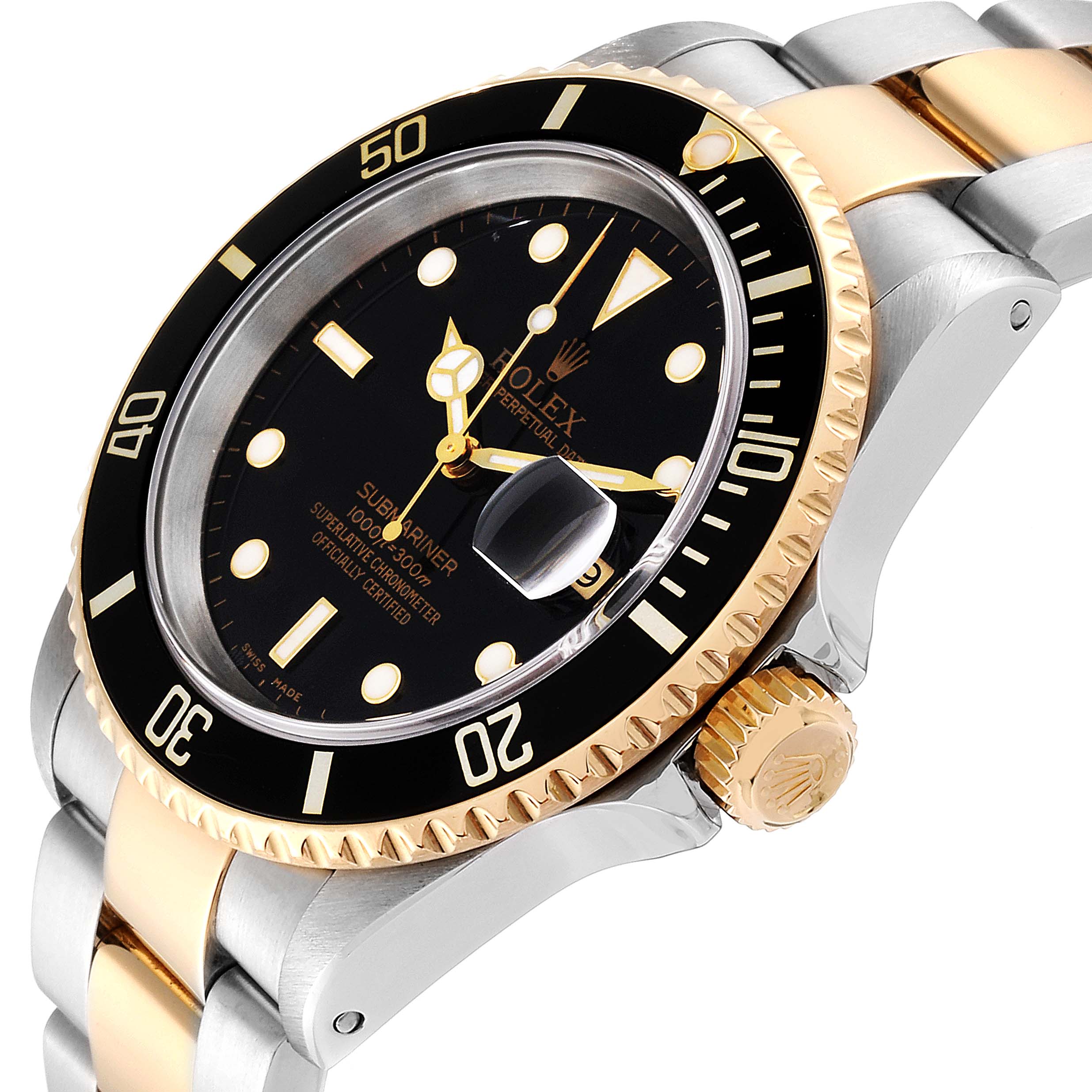 This image shows a Rolex Submariner 16613 Men
s Steel and Gold (two tone) Black Dial 16613 Men
s Steel and Gold (two tone) Black Dial watch at a slight angle from the side, highlighting the bezel, dial, and part of the bracelet.