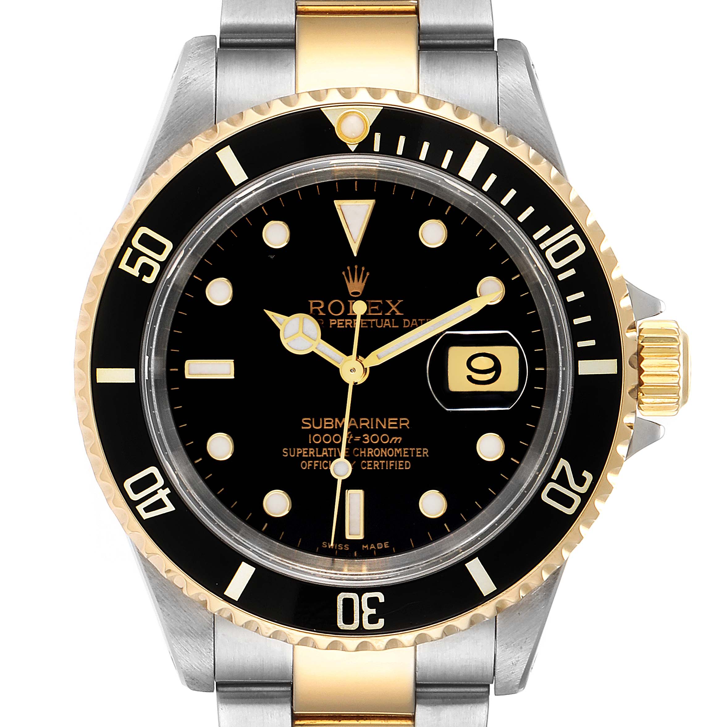 The image shows a front view of a Rolex Submariner 16613 Men
s Steel and Gold (two tone) Black Dial 16613 Men
s Steel and Gold (two tone) Black Dial watch, highlighting the dial, bezel, and part of the bracelet.