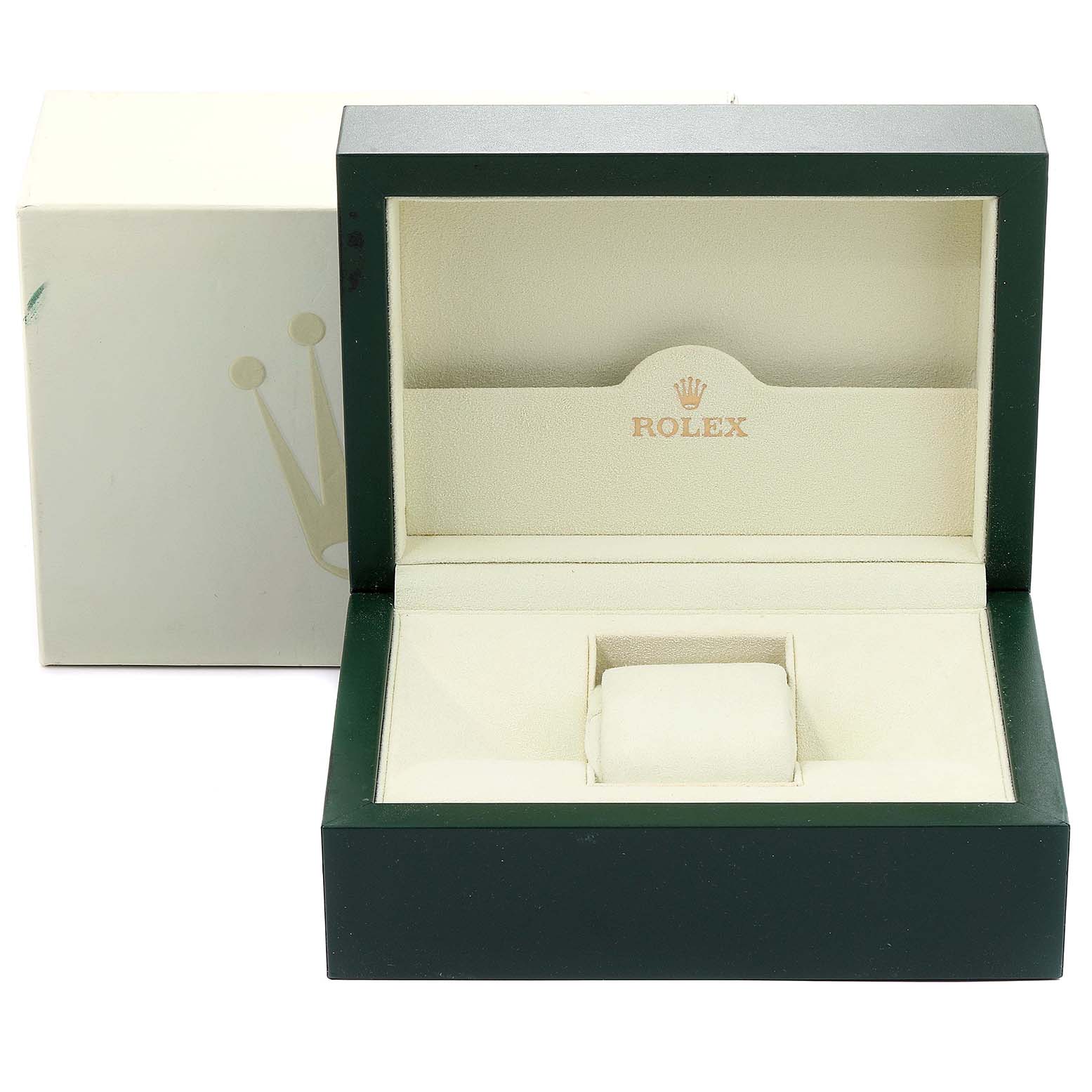 The image shows an empty green and beige Rolex watch box for the Submariner model, with the lid open.