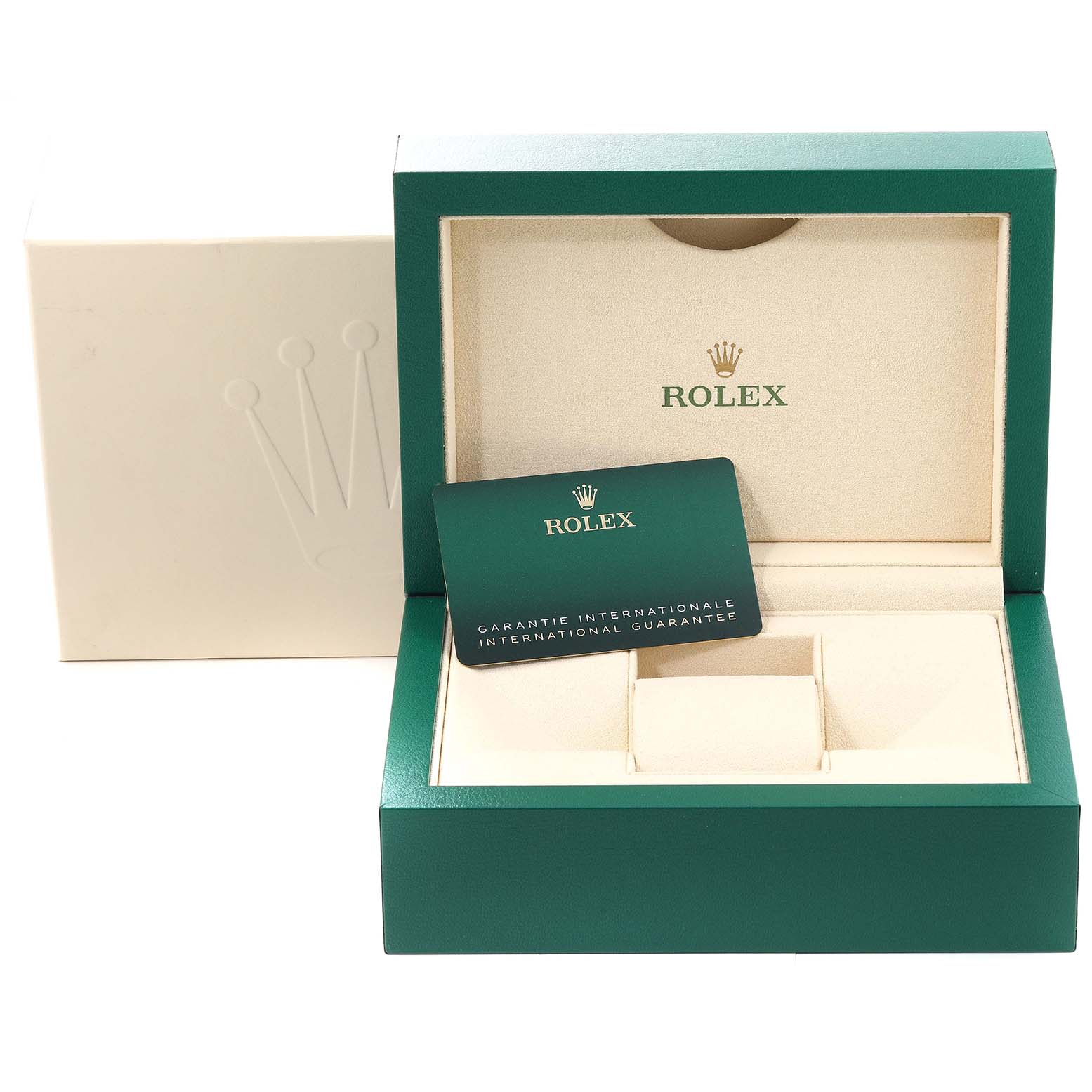 The image shows an open Rolex Submariner 126610 Men
s Stainless Steel Black Dial 126610 Men
s Stainless Steel Black Dial watch box with a guarantee card inside.