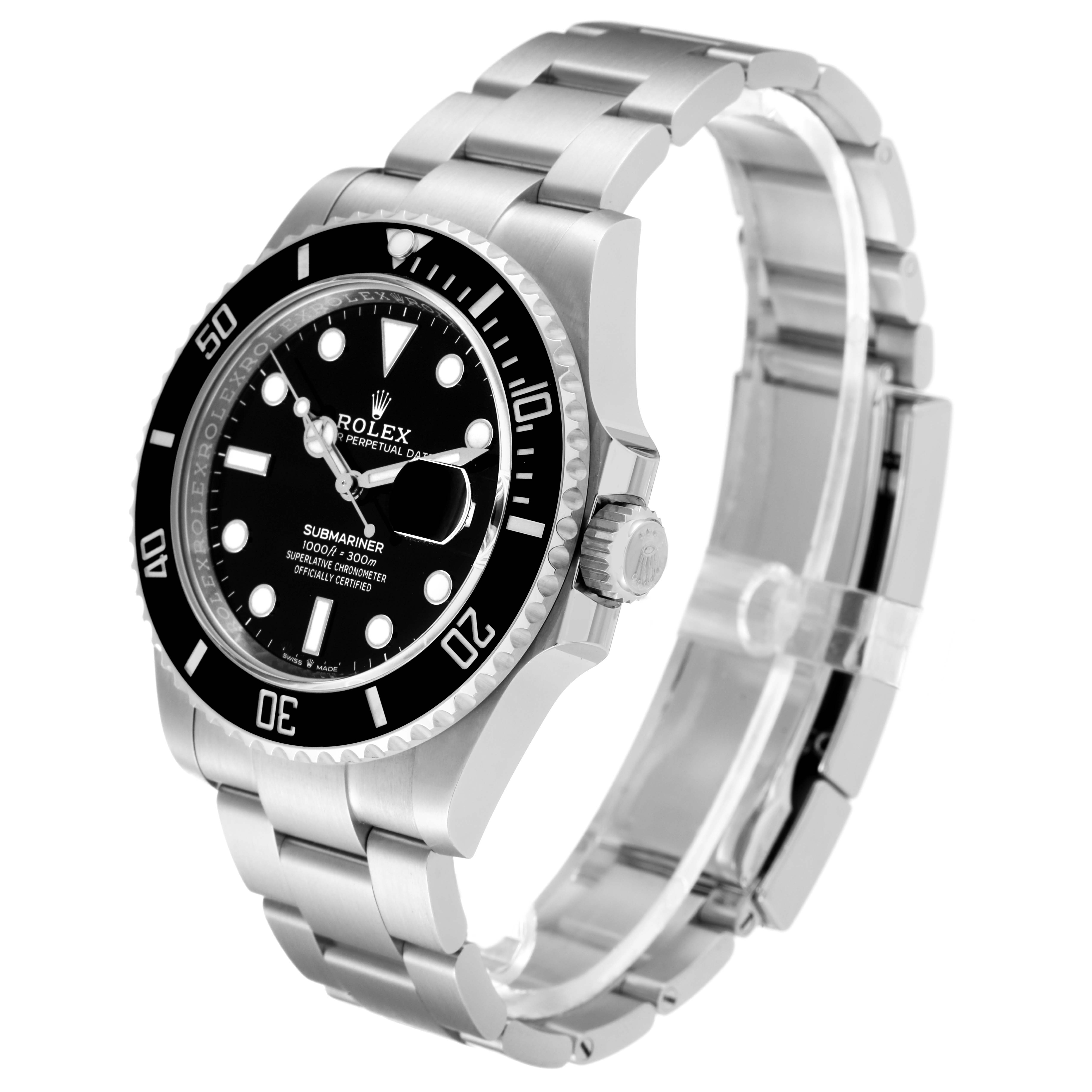 The image shows a side angle of a Rolex Submariner 126610 Men
s Stainless Steel Black Dial 126610 Men
s Stainless Steel Black Dial watch, highlighting its bezel, dial, and stainless steel bracelet.