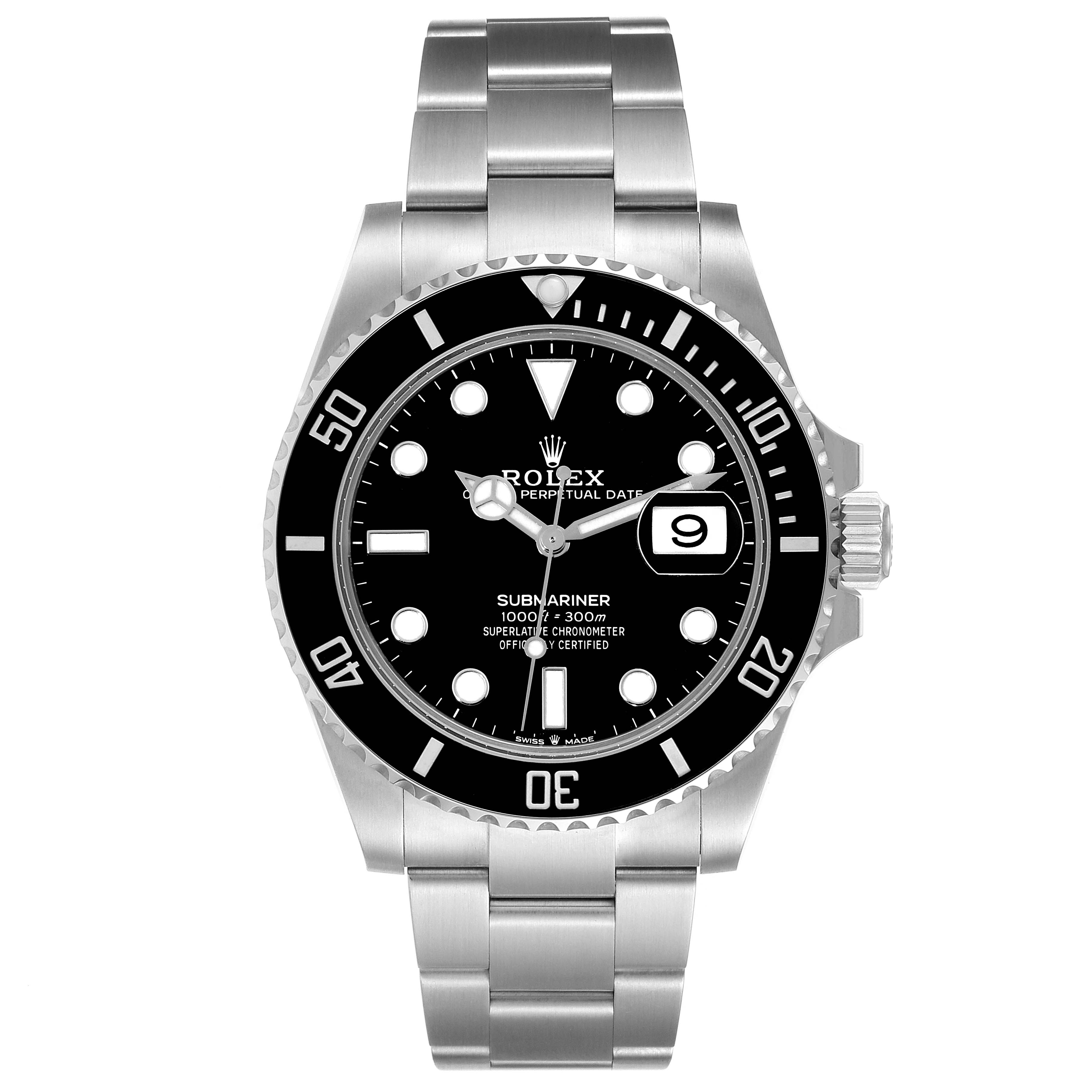 The image shows a frontal view of a Rolex Submariner 126610 Men
s Stainless Steel Black Dial 126610 Men
s Stainless Steel Black Dial watch, displaying the dial, bezel, crown, and stainless steel bracelet.