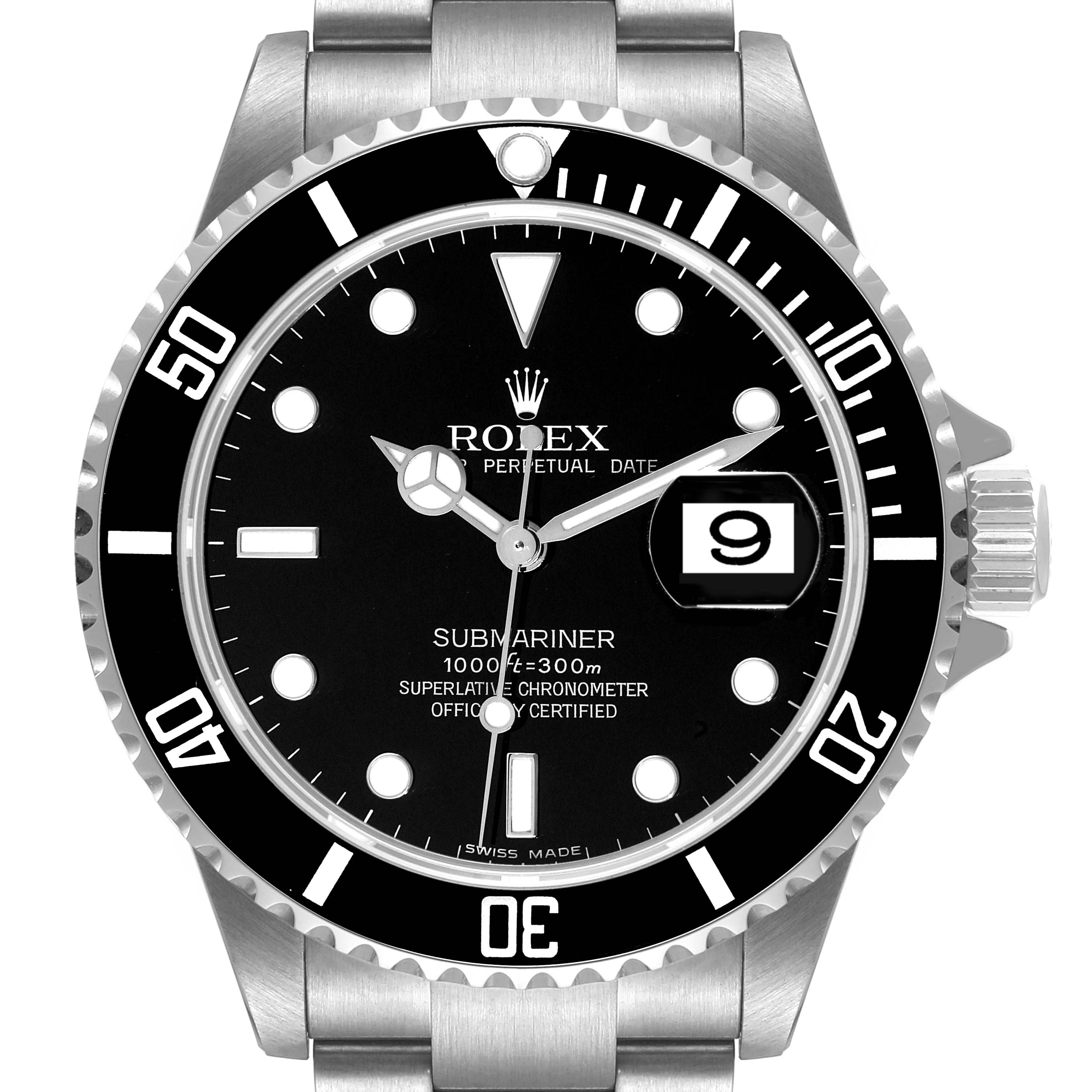 This image shows a front view of the Rolex Submariner 16610 Men
s Stainless Steel Black Dial 16610 Men
s Stainless Steel Black Dial watch, highlighting the bezel, dial, hands, and date window.