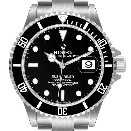 This image shows a front view of a Rolex Submariner watch, highlighting its dial, bezel, hands, and date window.