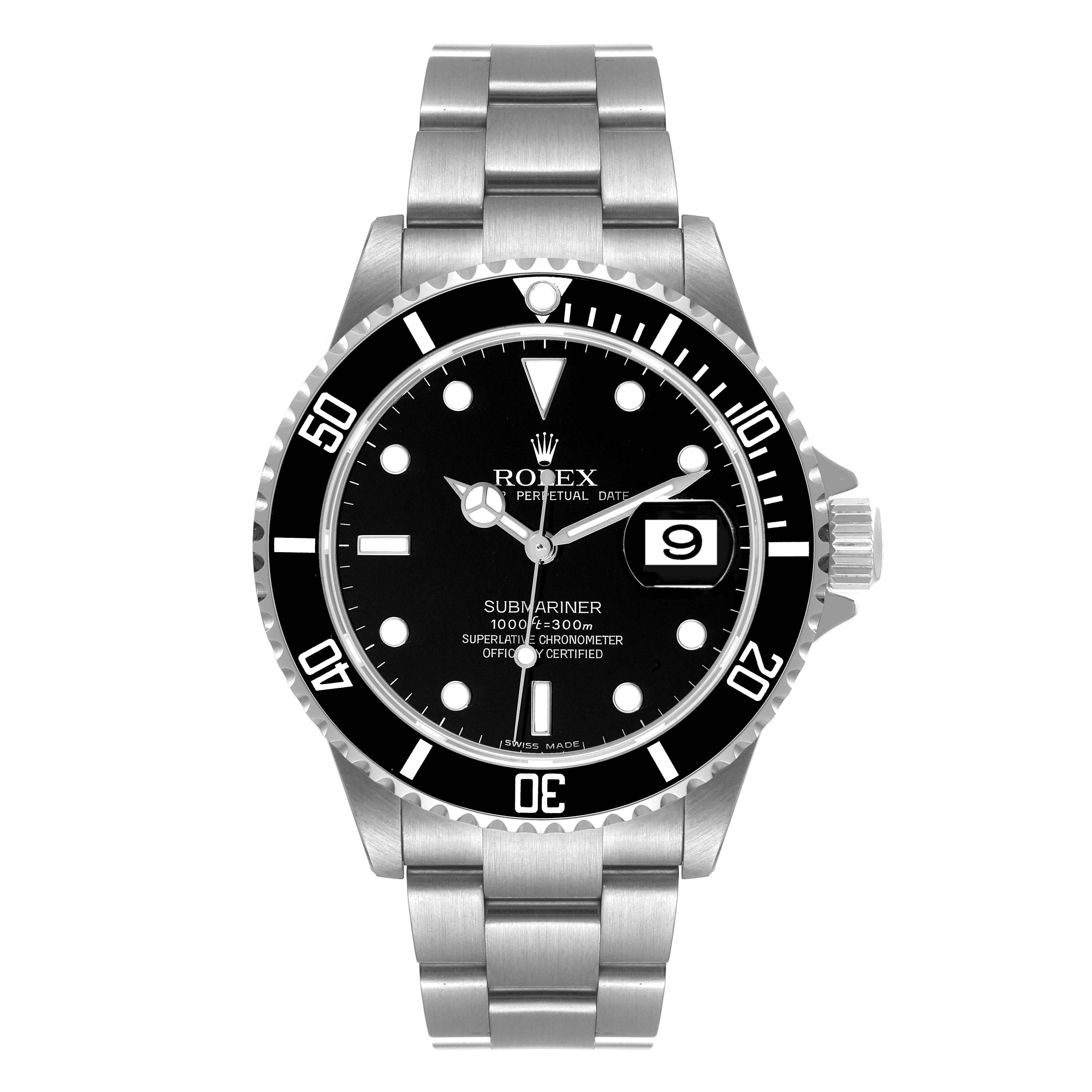 This image shows a front view of a Rolex Submariner 16610 Men
s Stainless Steel Black Dial 16610 Men
s Stainless Steel Black Dial watch, displaying its face, bezel, crown, and metal bracelet.