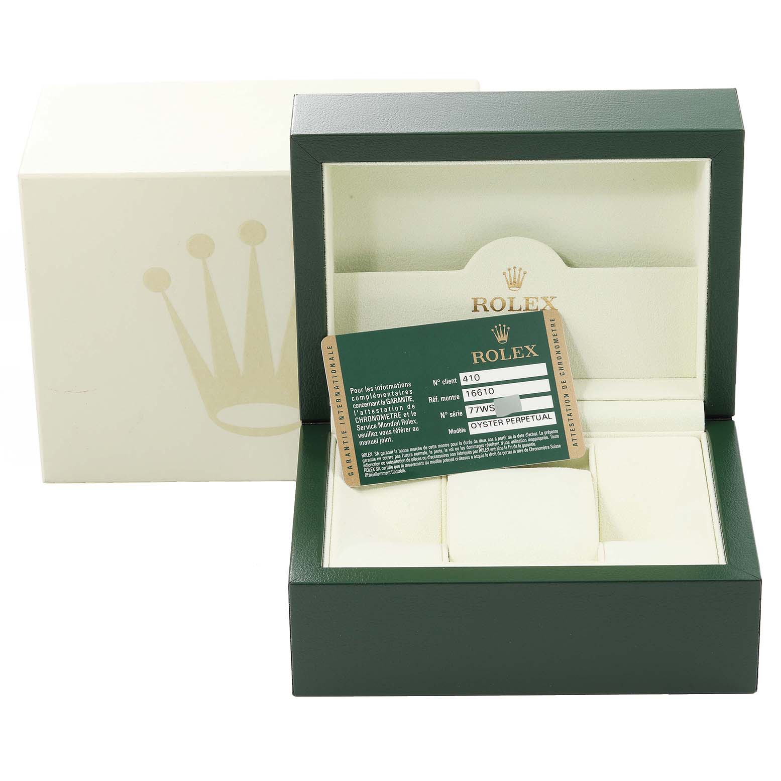 The image shows a Rolex Submariner 16610 Men
s Stainless Steel Black Dial 16610 Men
s Stainless Steel Black Dial box and its associated Best Quality
ity card, taken from a front-facing angle.