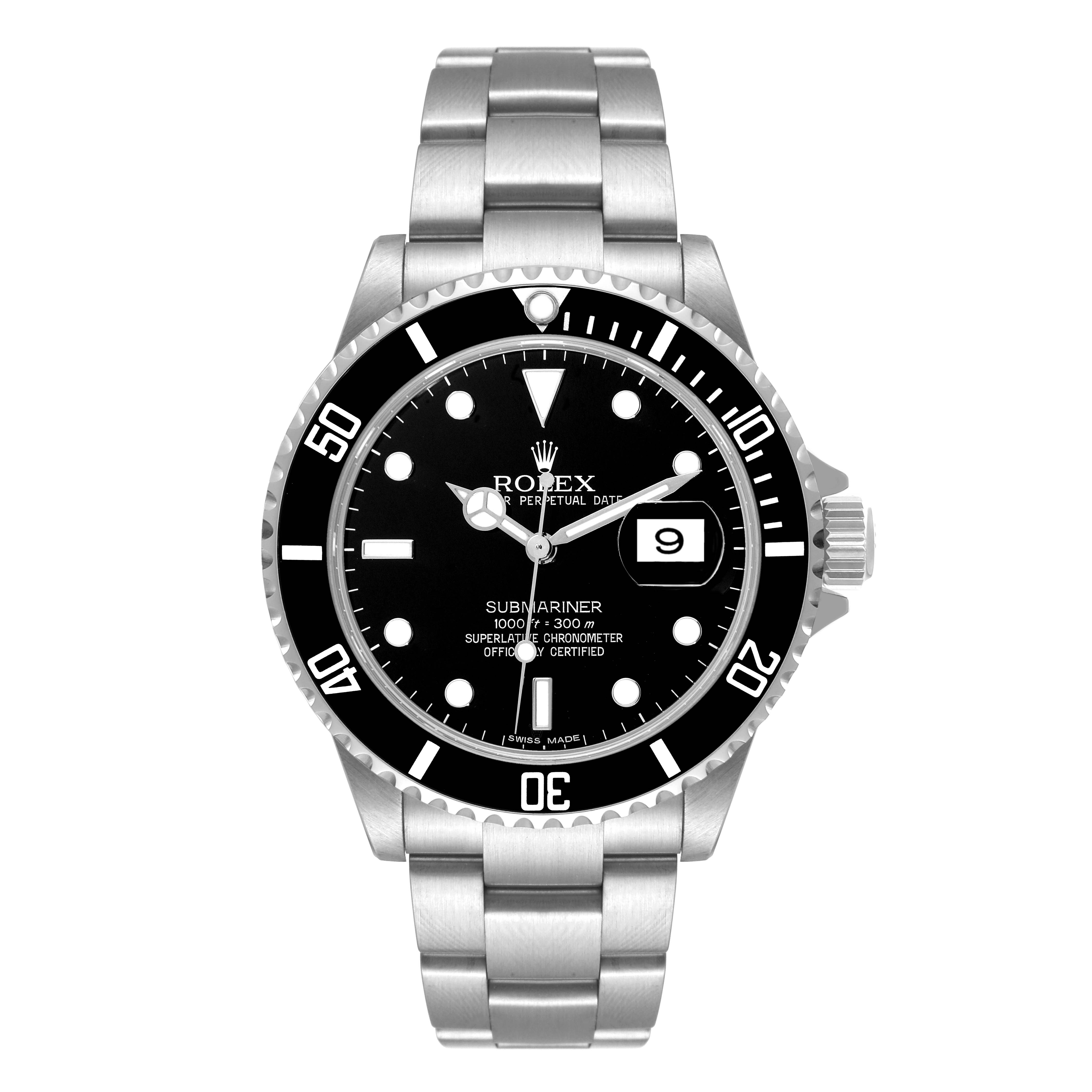 This image shows a front view of the Rolex Submariner 16610 Men
s Stainless Steel Black Dial 16610 Men
s Stainless Steel Black Dial, displaying its dial, bezel, and bracelet.