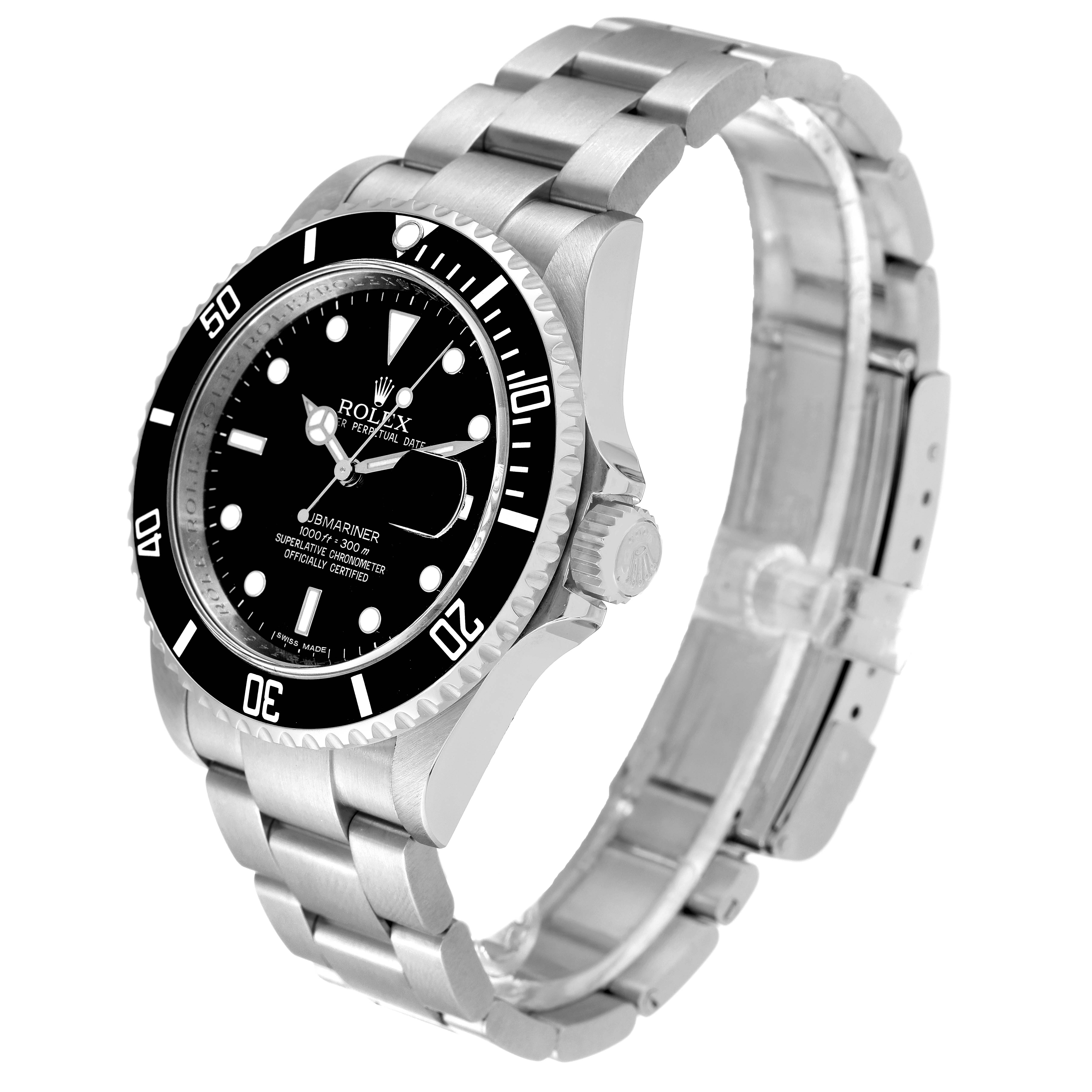 The image shows a Rolex Submariner 16610 Men
s Stainless Steel Black Dial 16610 Men
s Stainless Steel Black Dial watch at an angle highlighting its face, bezel, crown, and stainless steel bracelet.