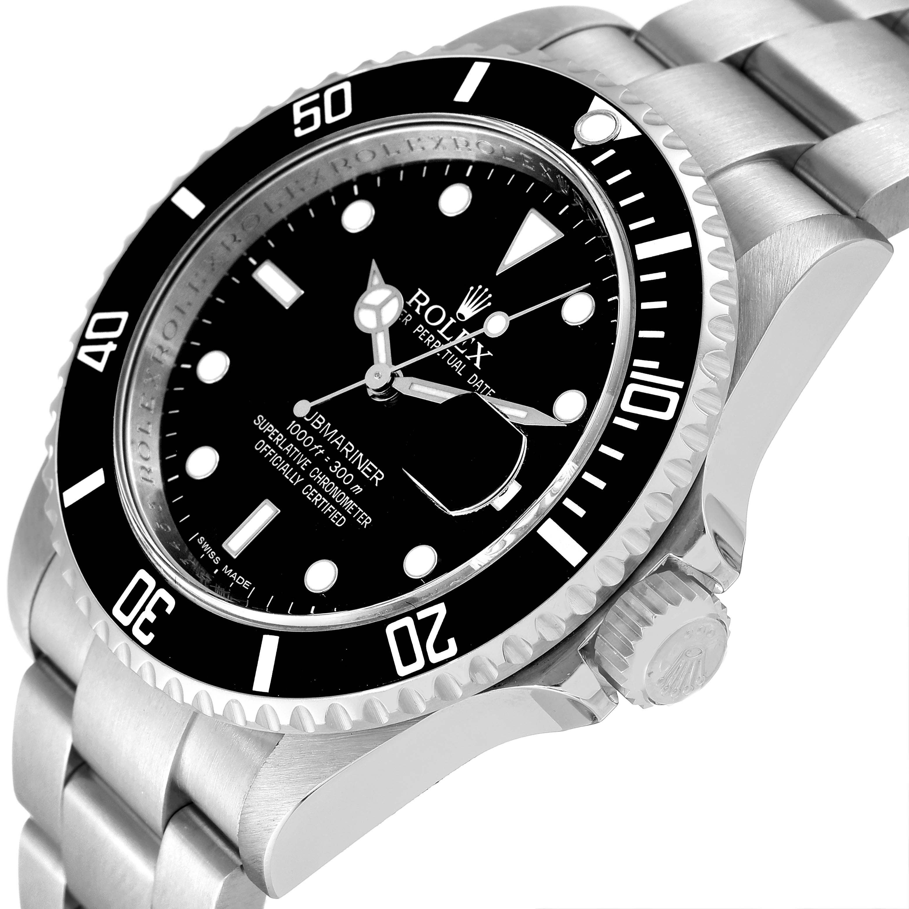 The image shows a close-up of the Rolex Submariner 16610 Men
s Stainless Steel Black Dial 16610 Men
s Stainless Steel Black Dial watch face, bezel, and part of the bracelet from an oblique angle.