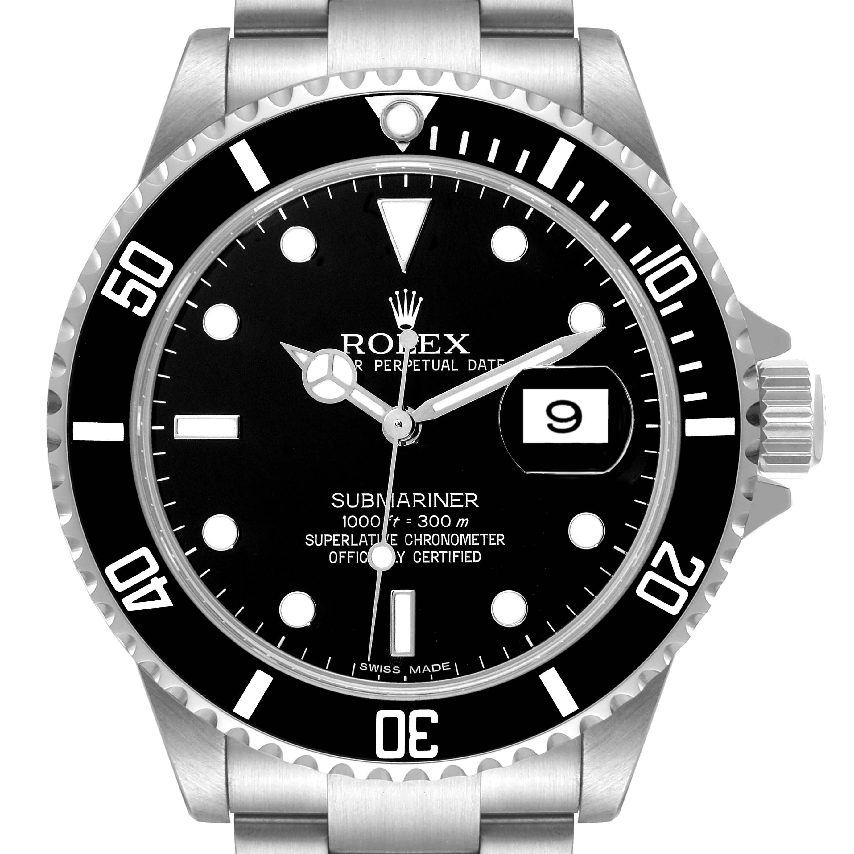 The image shows a front view of a Rolex Submariner 16610 Men
s Stainless Steel Black Dial 16610 Men
s Stainless Steel Black Dial watch, highlighting the dial, bezel, crown, and part of the bracelet.