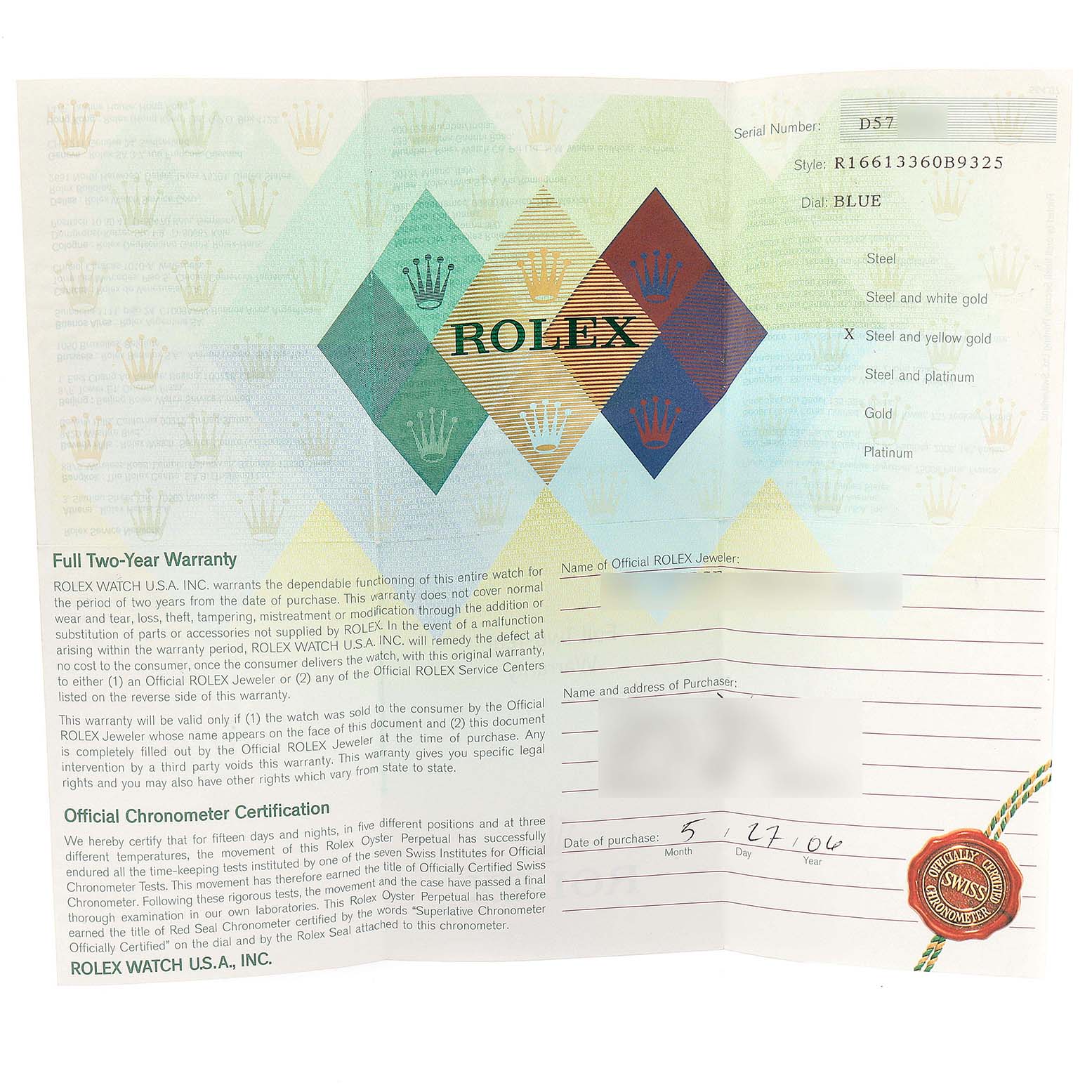 The image shows the warranty card and certification document for a Rolex Submariner 16613 Men
s Steel and Gold (two tone) Blue Dial 16613 Men
s Steel and Gold (two tone) Blue Dial watch.