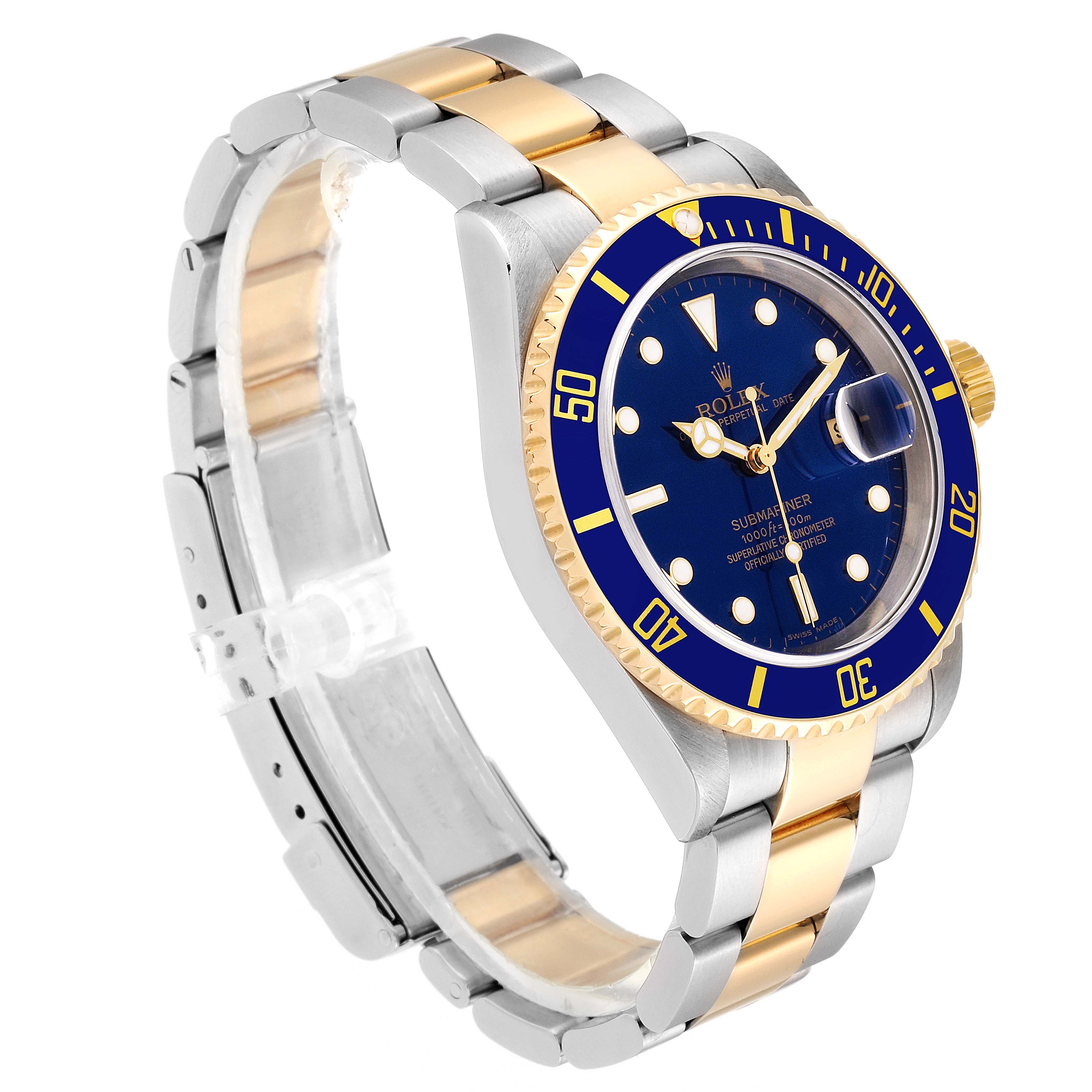 The Rolex Submariner 16613 Men
s Steel and Gold (two tone) Blue Dial 16613 Men
s Steel and Gold (two tone) Blue Dial watch is shown at a three-quarter angle, highlighting the dial, bezel, case, and bracelet.