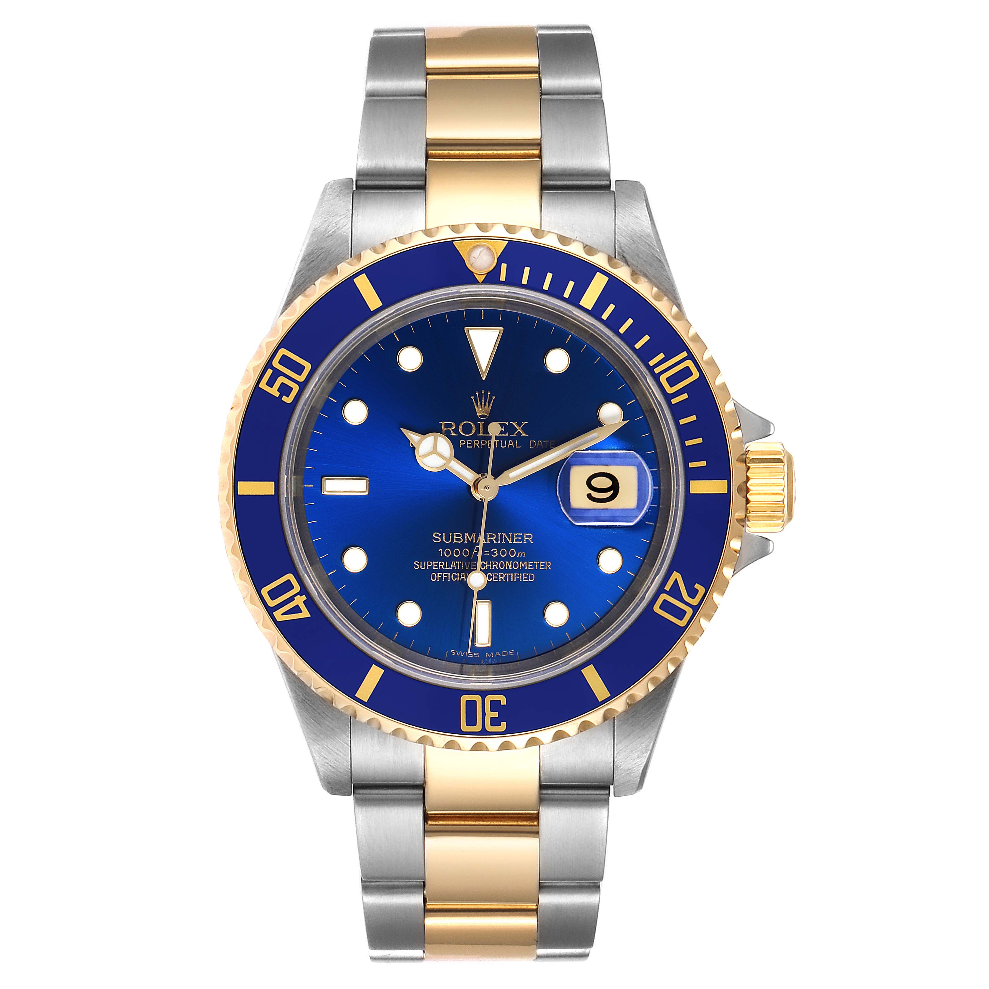 The image shows a front view of a Rolex Submariner 16613 Men
s Steel and Gold (two tone) Blue Dial 16613 Men
s Steel and Gold (two tone) Blue Dial watch with a blue dial and two-tone gold and silver bracelet.
