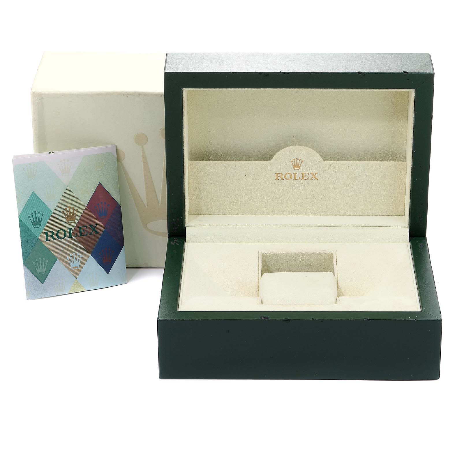 The image shows an open watch box for the Rolex Submariner 16613 Men
s Steel and Gold (two tone) Blue Dial 16613 Men
s Steel and Gold (two tone) Blue Dial, with its interior and an accompanying booklet, viewed from the front.